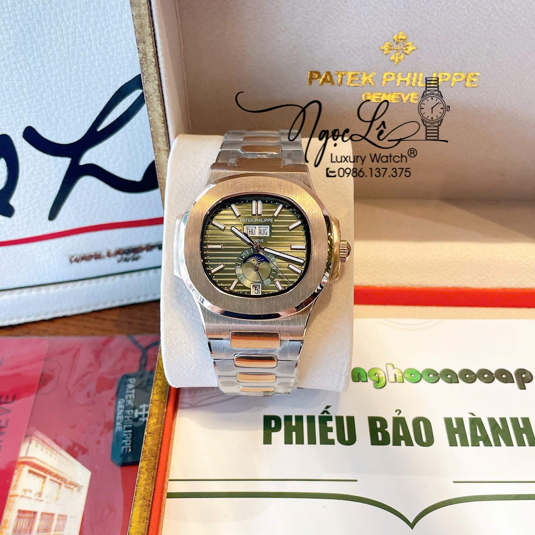 Đồng Hồ Nam Patek Philippe Nautilus Tự Động Dây Kim Loại Demi Rose Mặt Xanh Rêu Lạnh Size 40mm