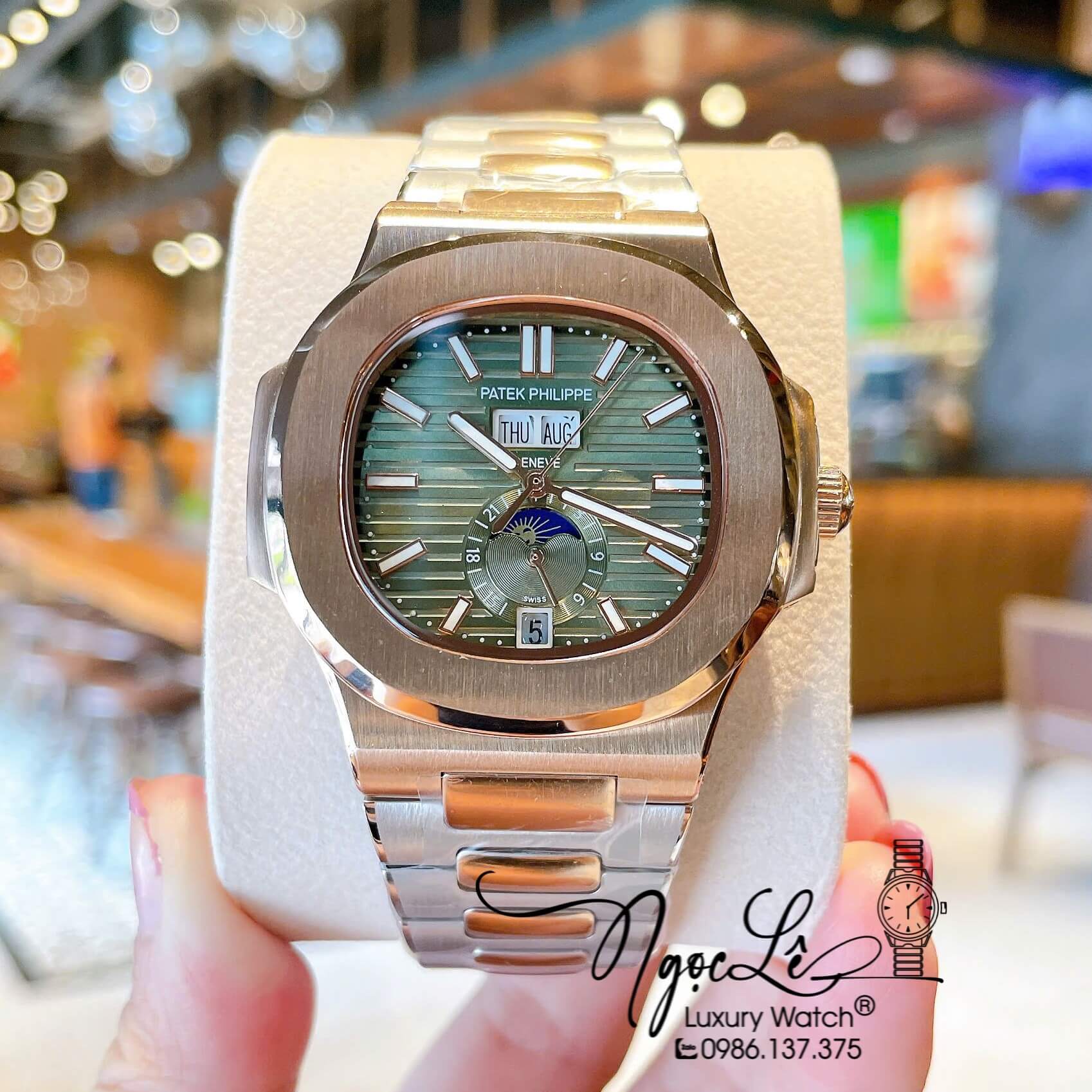 Đồng Hồ Nam Patek Philippe Nautilus Tự Động Dây Kim Loại Demi Rose Mặt Xanh Rêu Lạnh Size 40mm