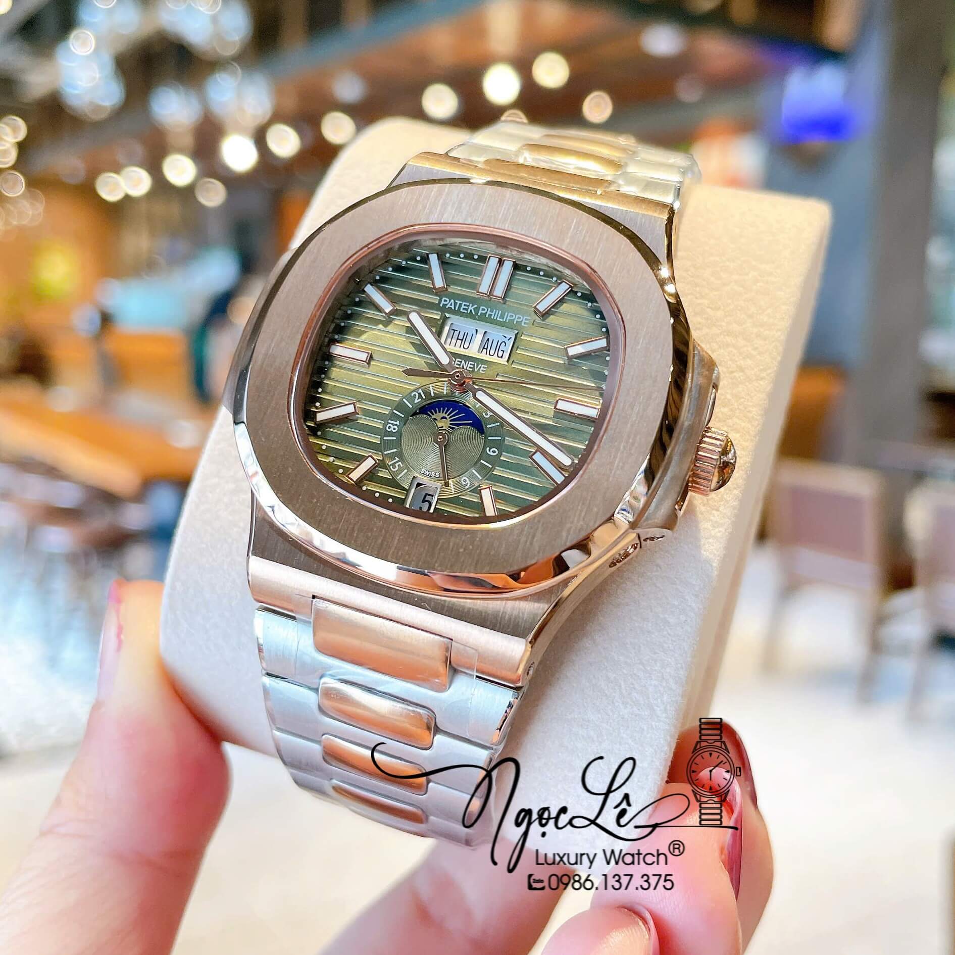 Đồng Hồ Nam Patek Philippe Nautilus Tự Động Dây Kim Loại Demi Rose Mặt Xanh Rêu Lạnh Size 40mm