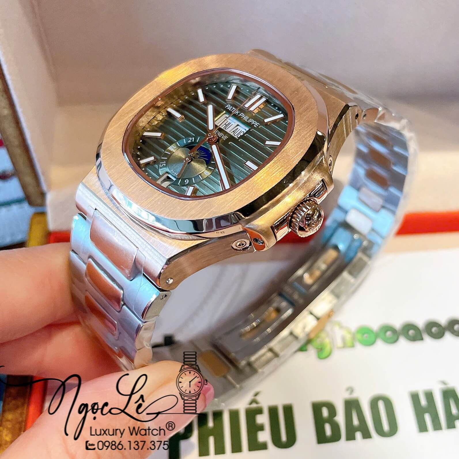 Đồng Hồ Nam Patek Philippe Nautilus Tự Động Dây Kim Loại Demi Rose Mặt Xanh Rêu Lạnh Size 40mm