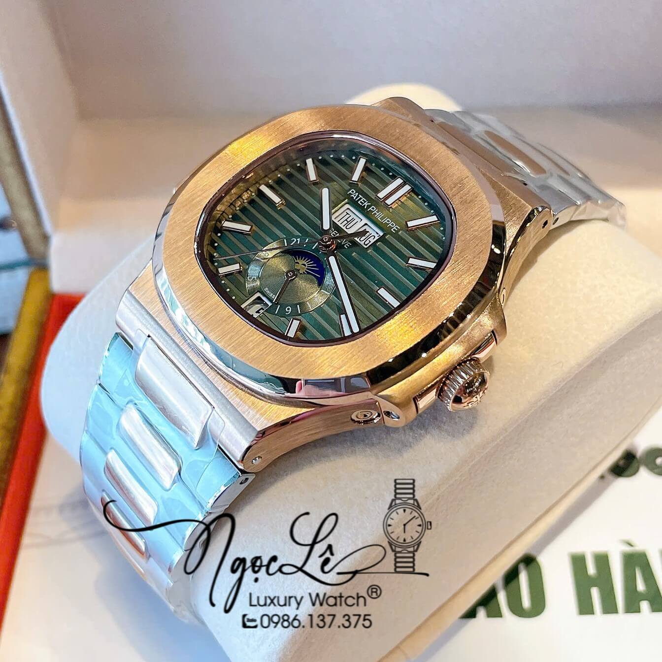 Đồng Hồ Nam Patek Philippe Nautilus Tự Động Dây Kim Loại Demi Rose Mặt Xanh Rêu Lạnh Size 40mm