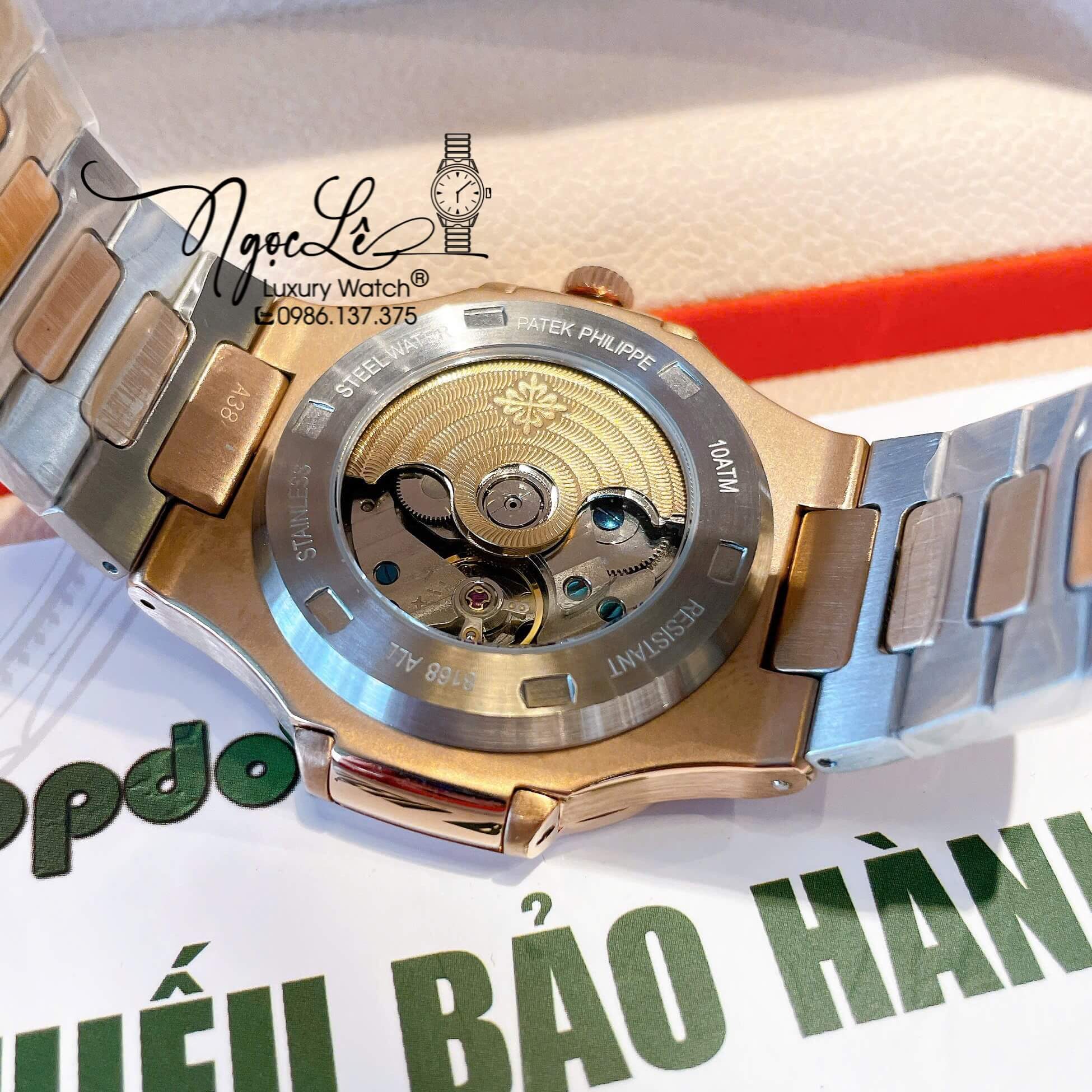 Đồng Hồ Nam Patek Philippe Nautilus Tự Động Dây Kim Loại Demi Rose Mặt Xanh Rêu Lạnh Size 40mm