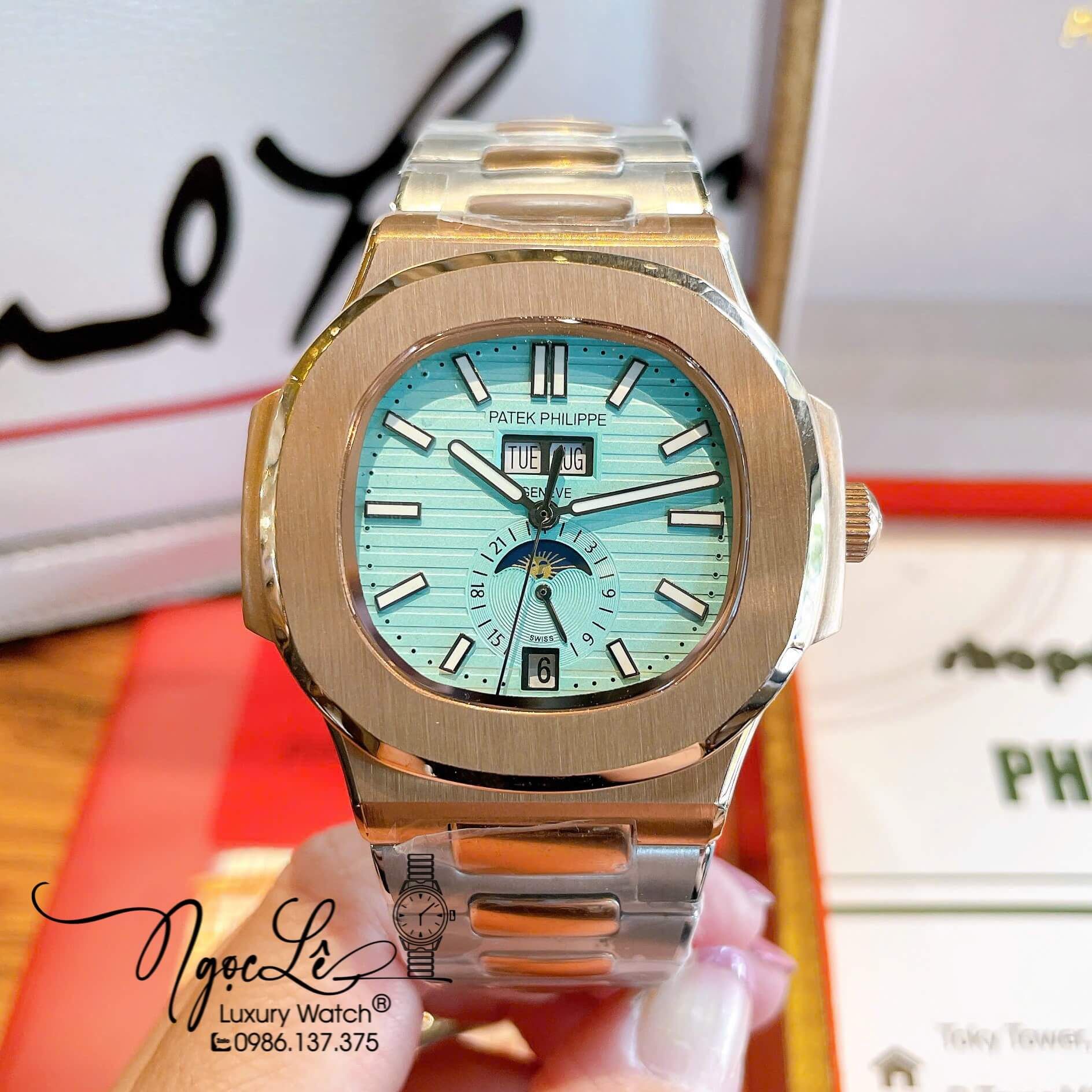 Đồng Hồ Nam Patek Philippe Nautilus Tự Động Dây Kim Loại Demi Rose Mặt Xanh Size 40mm