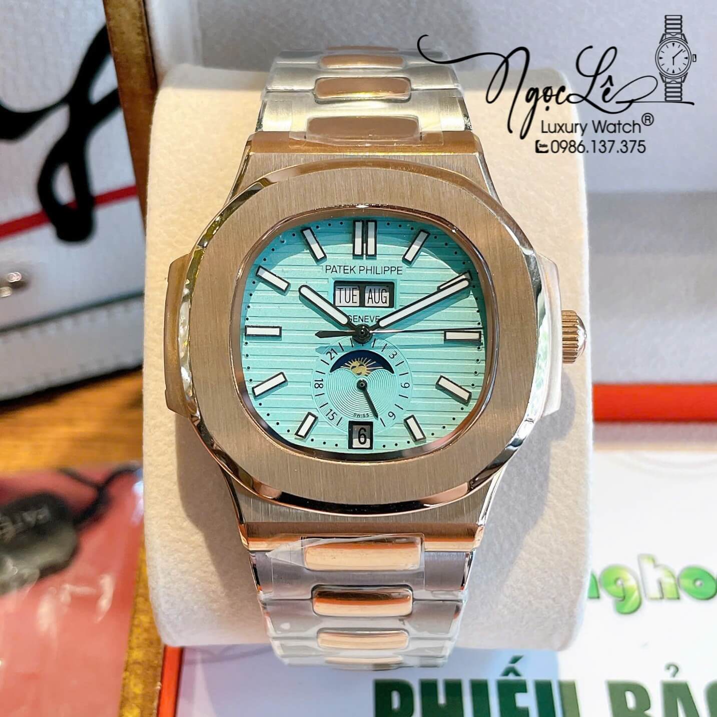 Đồng Hồ Nam Patek Philippe Nautilus Tự Động Dây Kim Loại Demi Rose Mặt Xanh Size 40mm