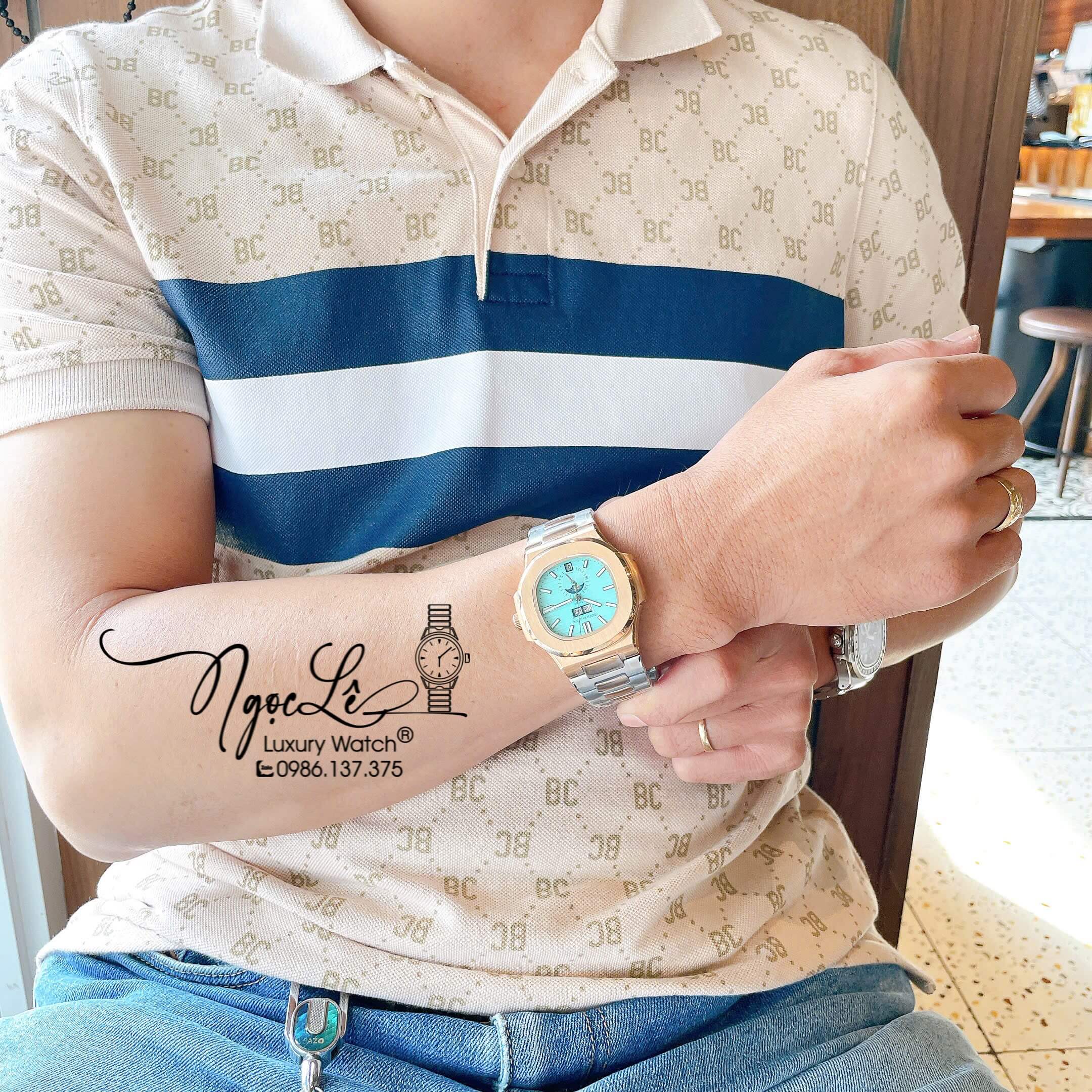 Đồng Hồ Nam Patek Philippe Nautilus Tự Động Dây Kim Loại Demi Rose Mặt Xanh Size 40mm