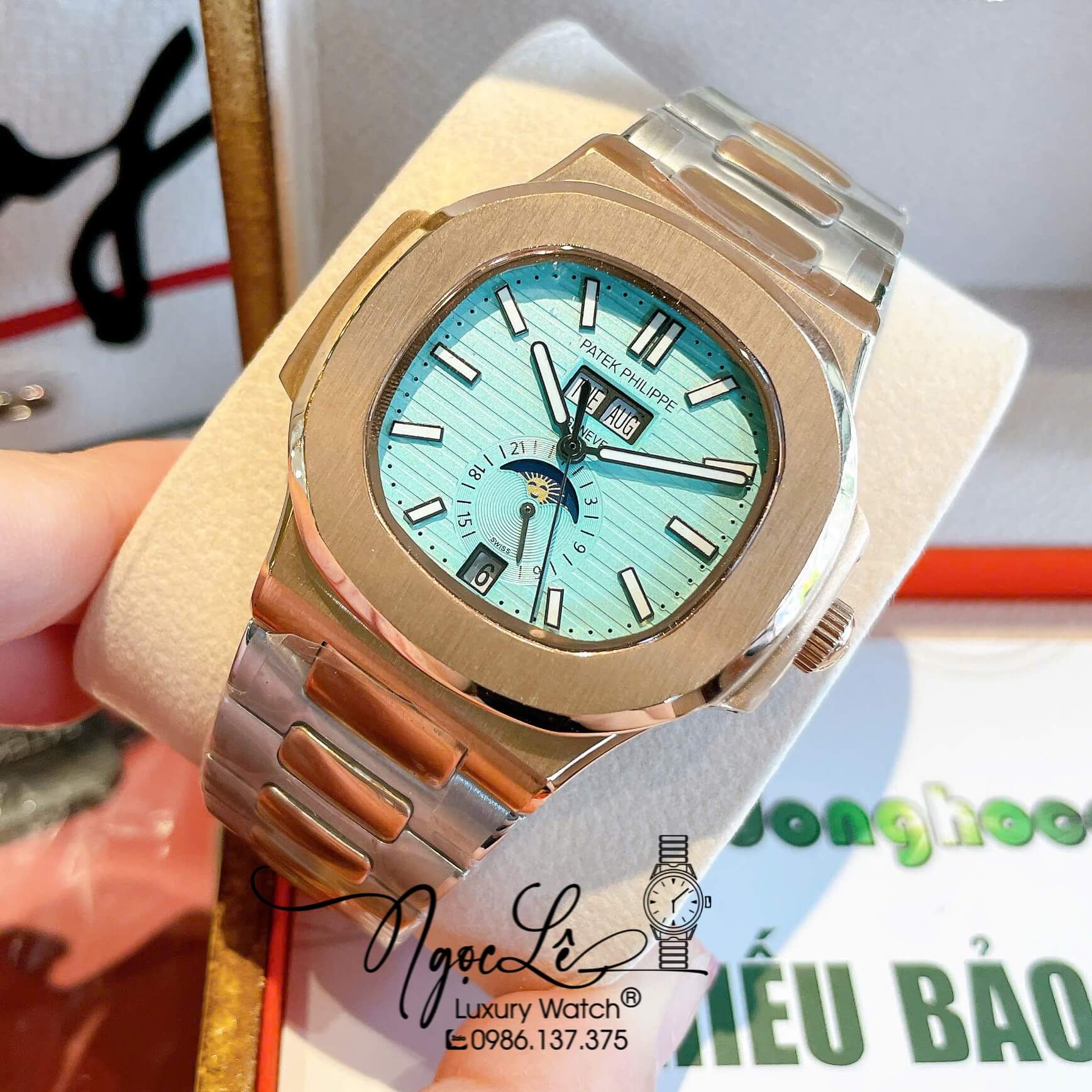 Đồng Hồ Nam Patek Philippe Nautilus Tự Động Dây Kim Loại Demi Rose Mặt Xanh Size 40mm