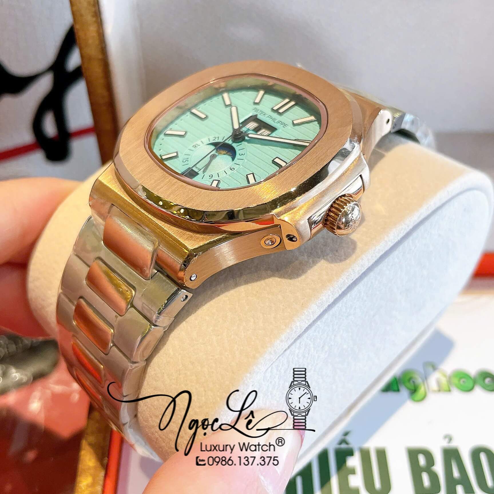 Đồng Hồ Nam Patek Philippe Nautilus Tự Động Dây Kim Loại Demi Rose Mặt Xanh Size 40mm