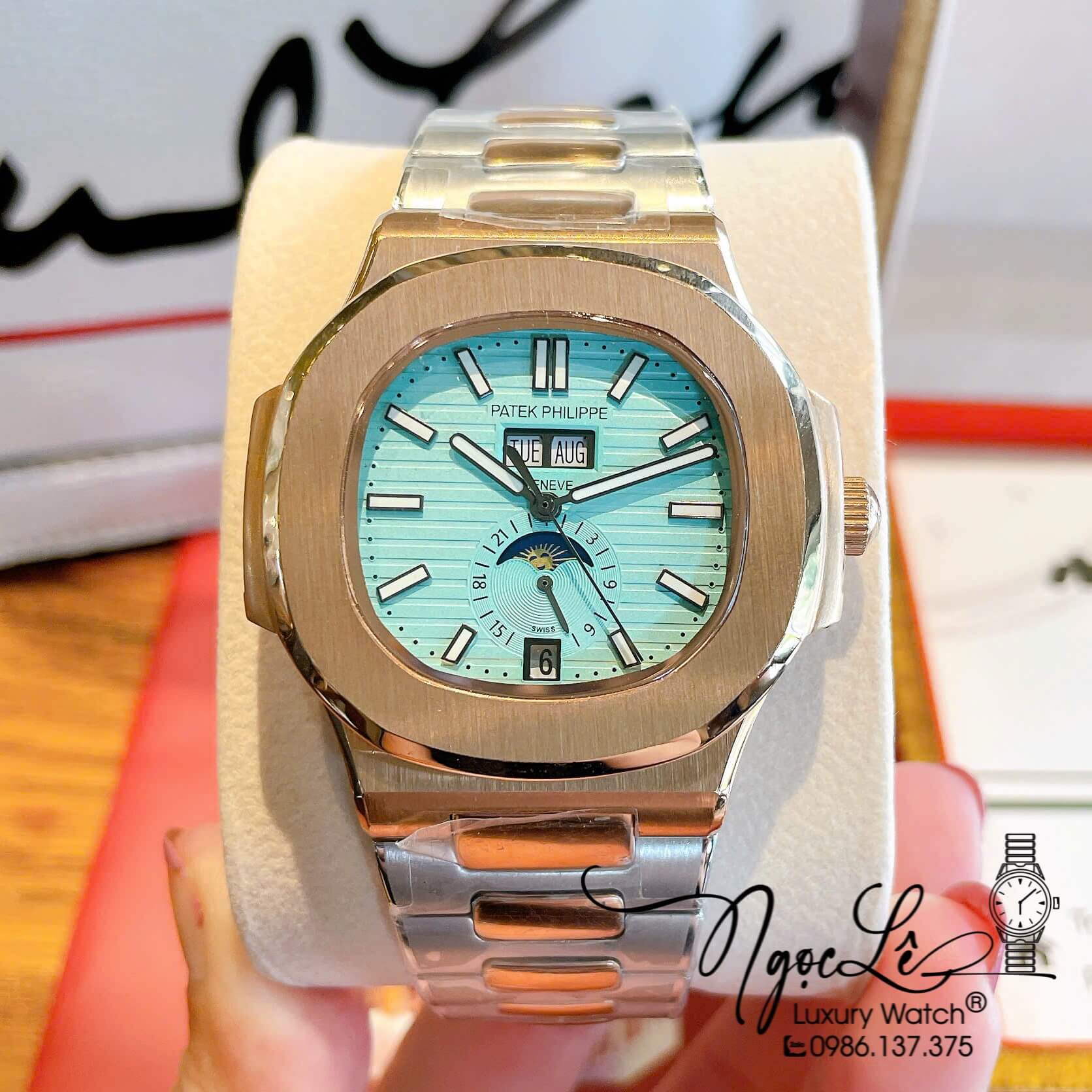 Đồng Hồ Nam Patek Philippe Nautilus Tự Động Dây Kim Loại Demi Rose Mặt Xanh Size 40mm