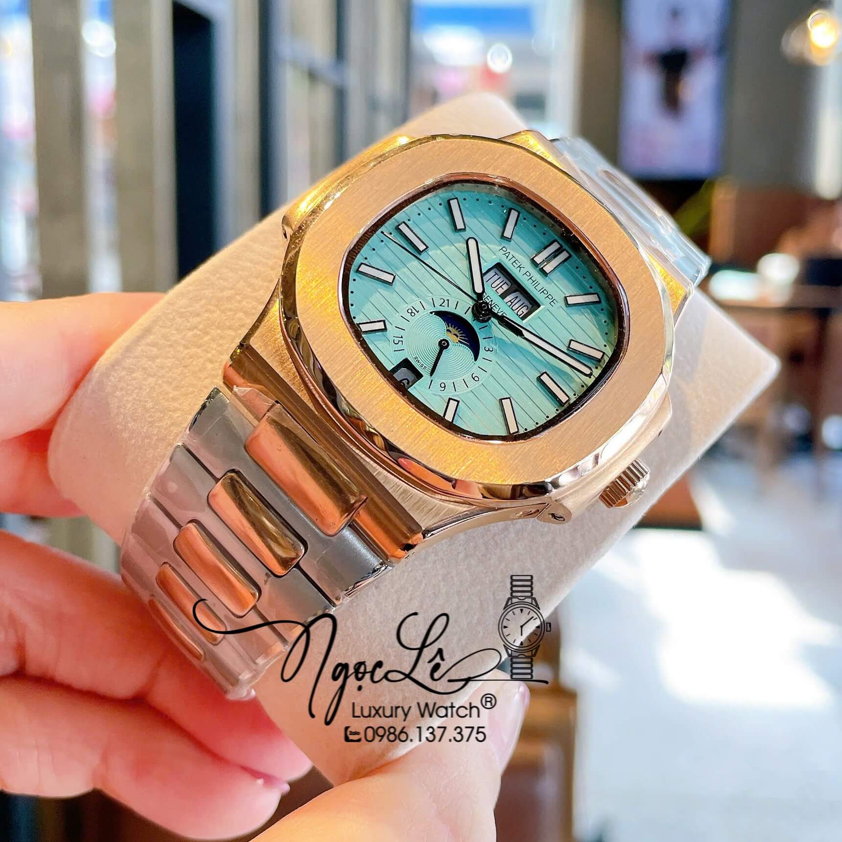 Đồng Hồ Nam Patek Philippe Nautilus Tự Động Dây Kim Loại Demi Rose Mặt Xanh Size 40mm