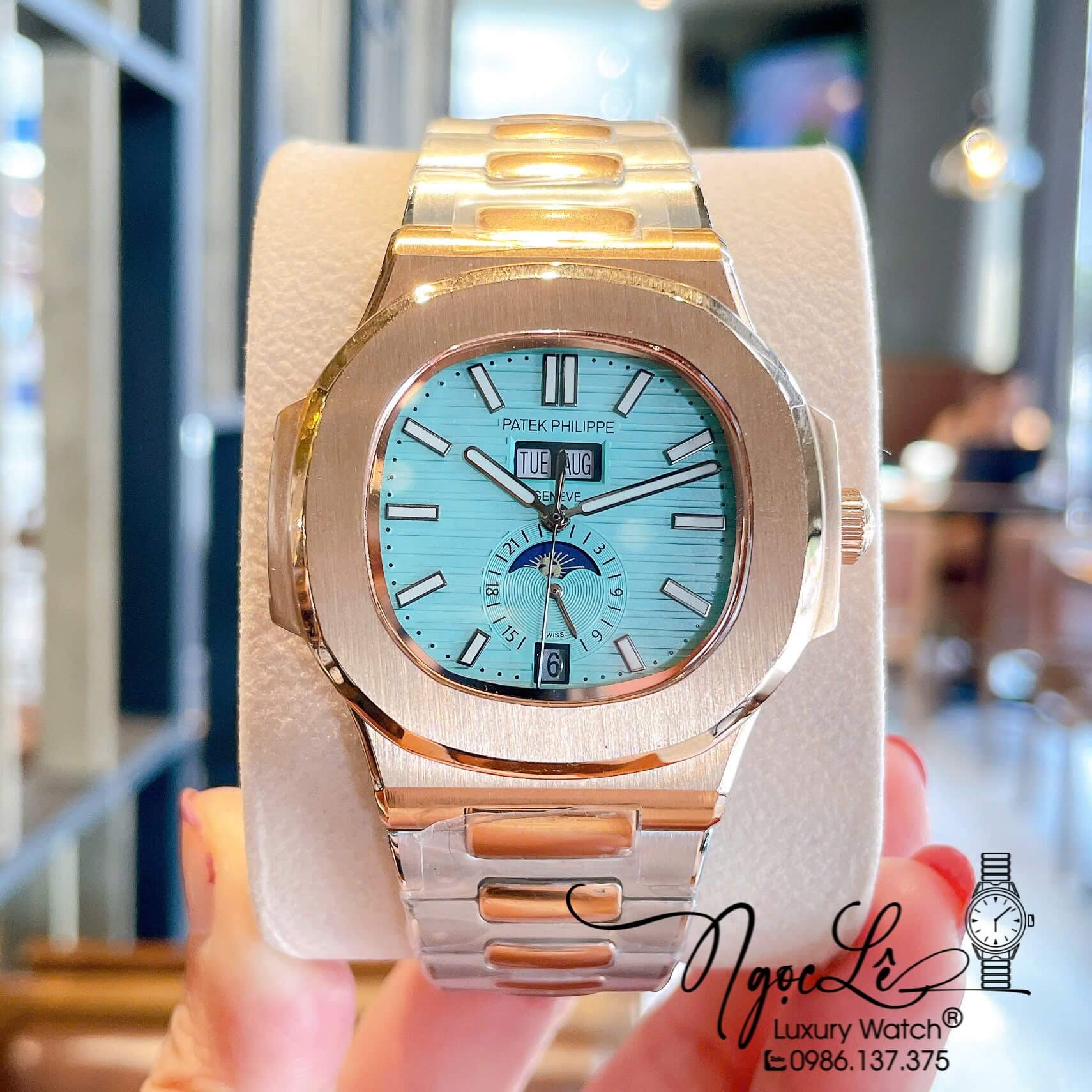 Đồng Hồ Nam Patek Philippe Nautilus Tự Động Dây Kim Loại Demi Rose Mặt Xanh Size 40mm