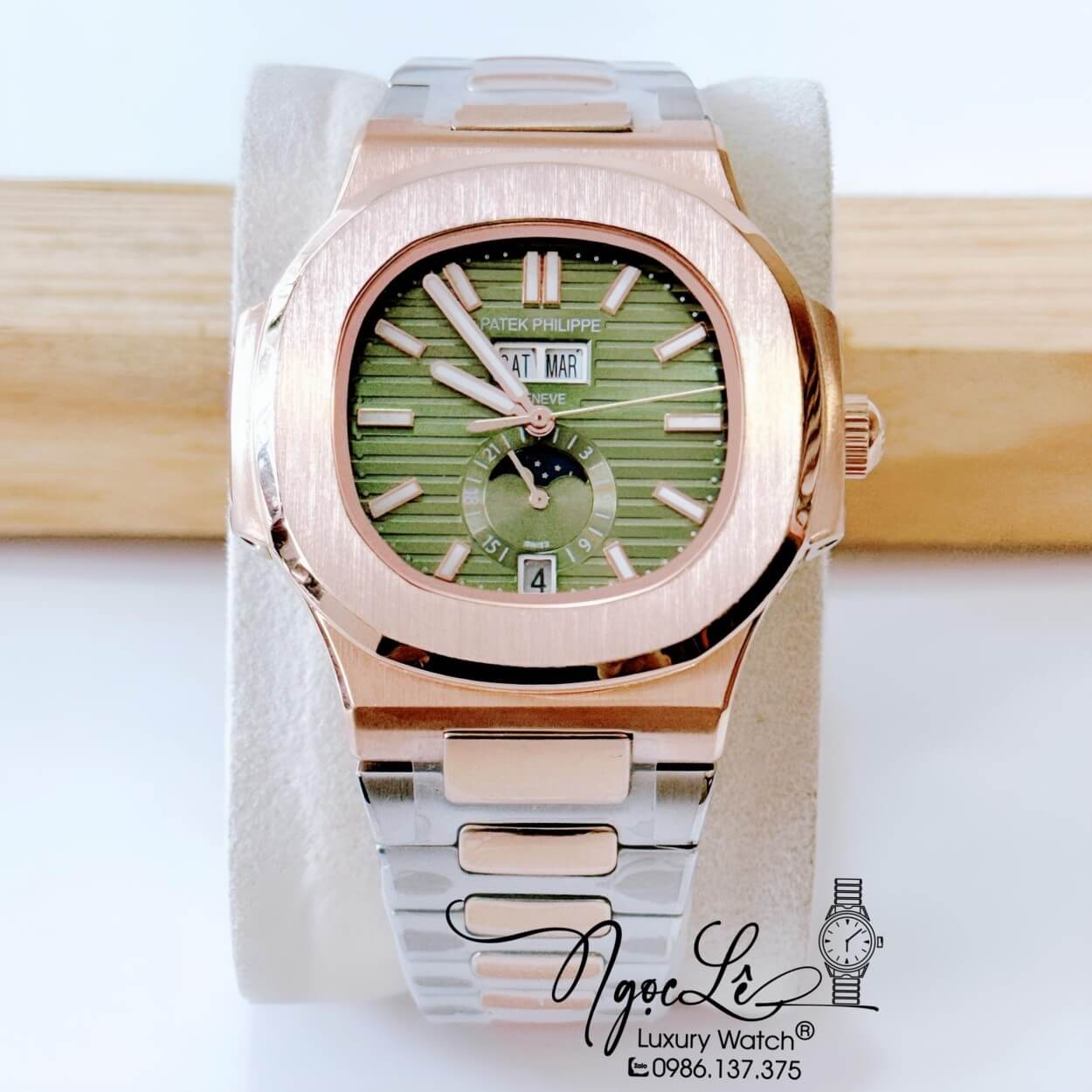 Đồng Hồ Nam Patek Philippe Nautilus Tự Động Dây Kim Loại Demi Rose Mặt Xanh Rêu Size 40mm