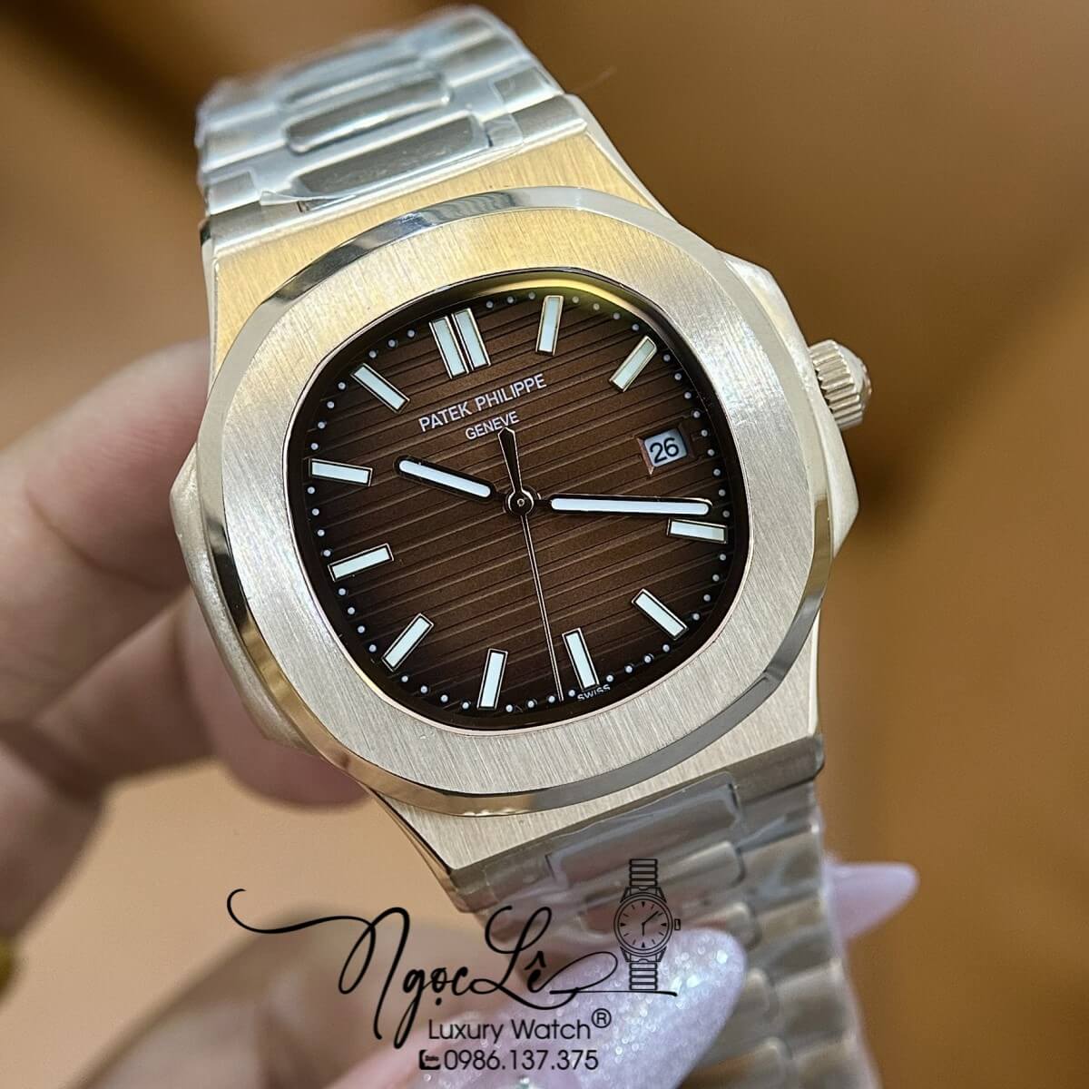 Đồng Hồ Nam Patek Philippe Nautilus Tự Động Dây Kim Loại Rose Mặt Nâu Size 40mm