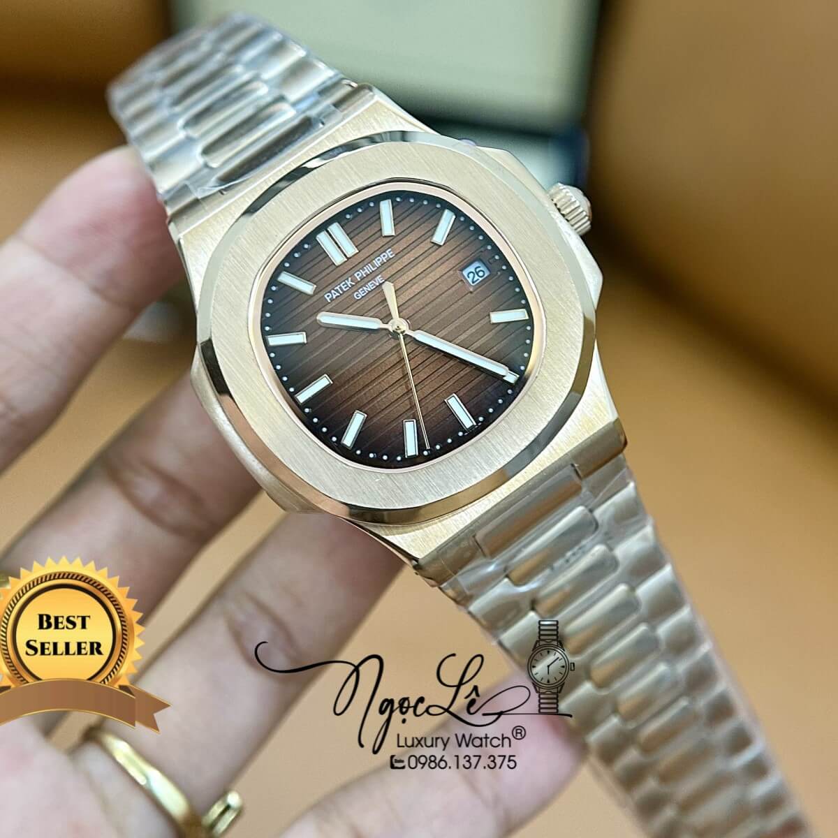 Đồng Hồ Nam Patek Philippe Nautilus Tự Động Dây Kim Loại Rose Mặt Nâu Size 40mm