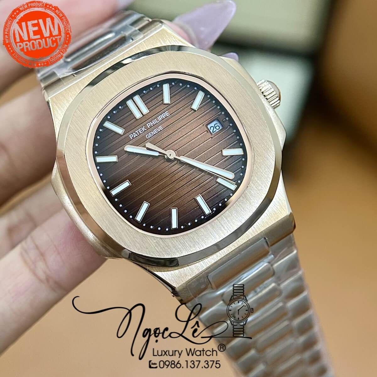 Đồng Hồ Nam Patek Philippe Nautilus Tự Động Dây Kim Loại Rose Mặt Nâu Size 40mm