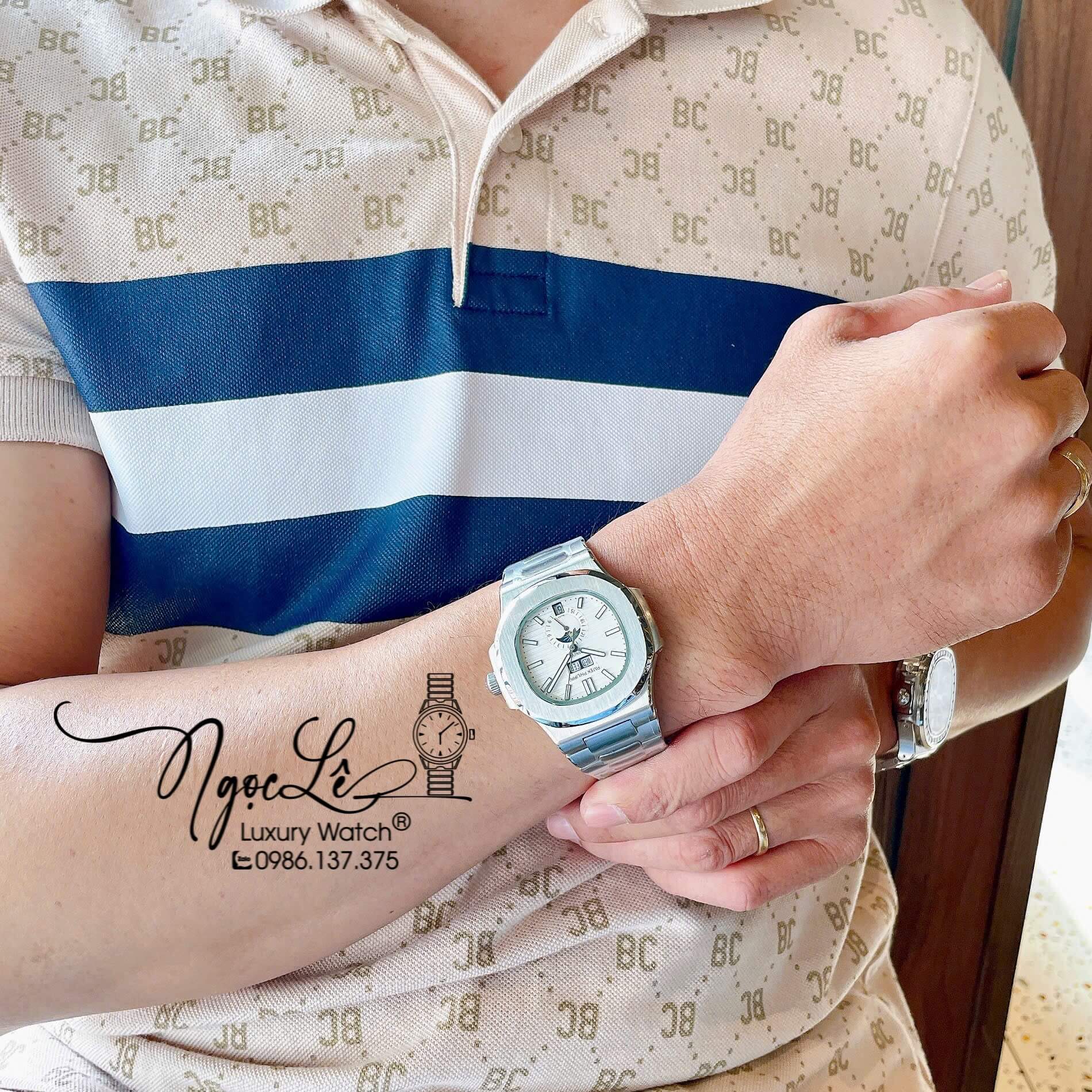 Đồng Hồ Nam Patek Philippe Nautilus Tự Động Dây Kim Loại Silver Mặt Trắng Size 40mm