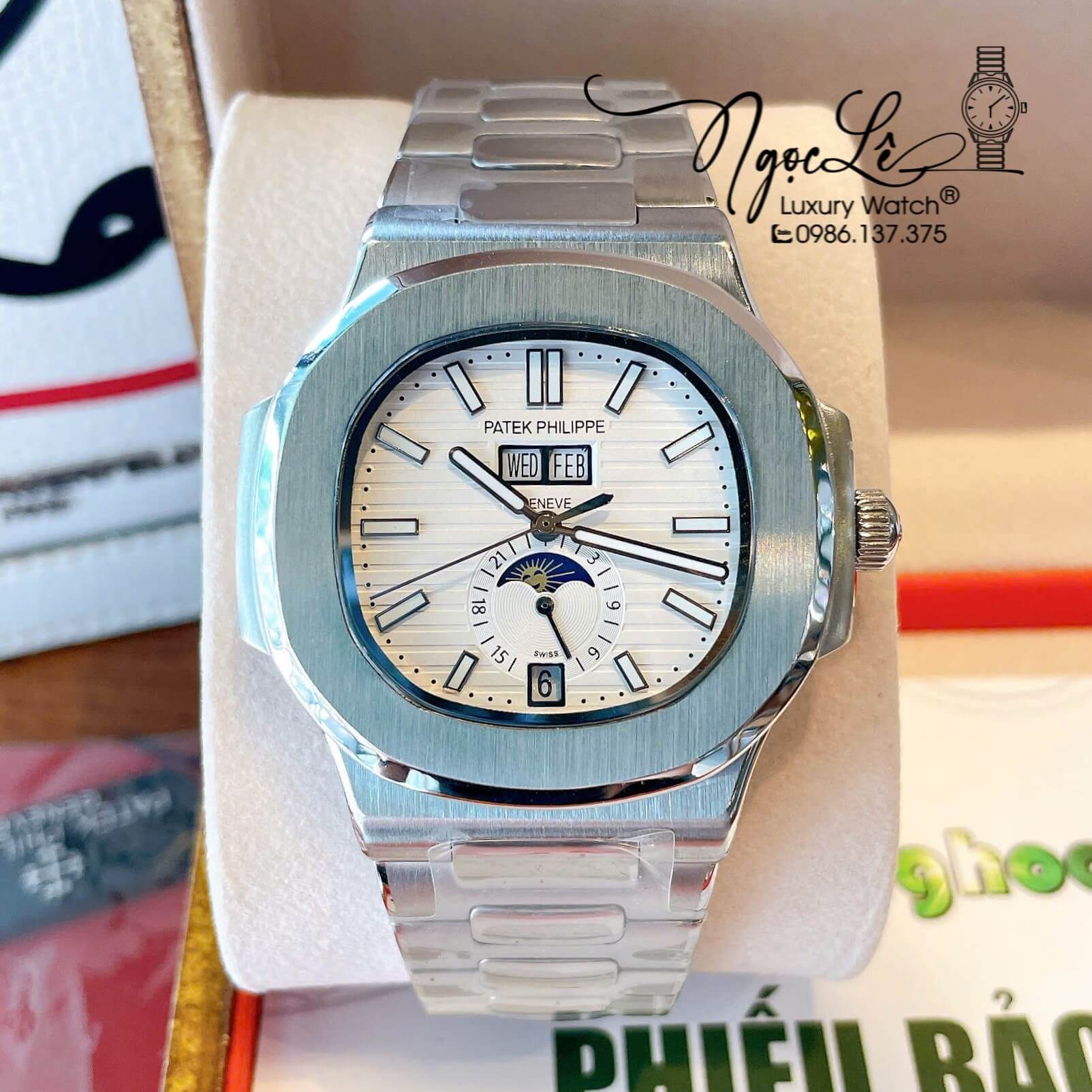 Đồng Hồ Nam Patek Philippe Nautilus Tự Động Dây Kim Loại Silver Mặt Trắng Size 40mm