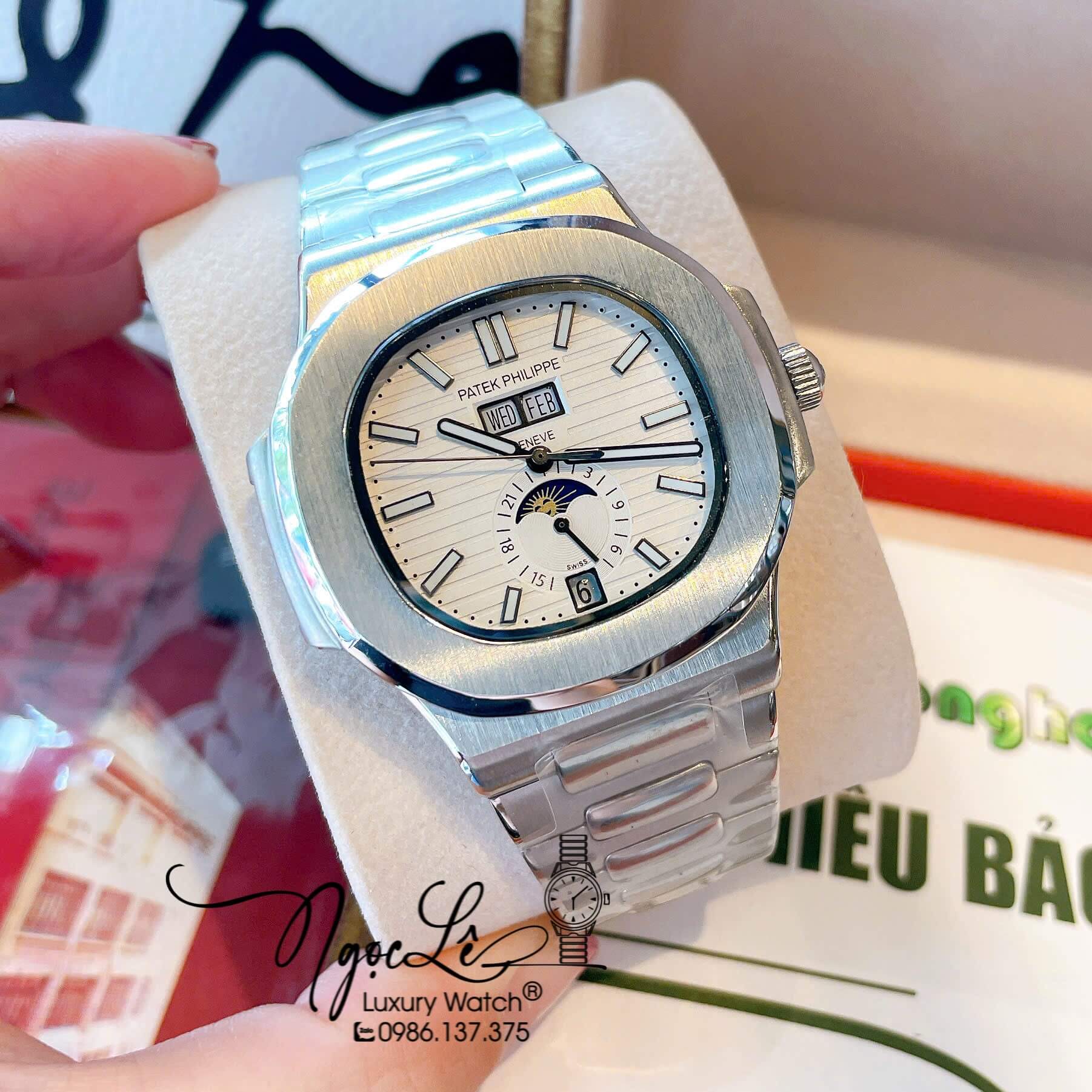 Đồng Hồ Nam Patek Philippe Nautilus Tự Động Dây Kim Loại Silver Mặt Trắng Size 40mm