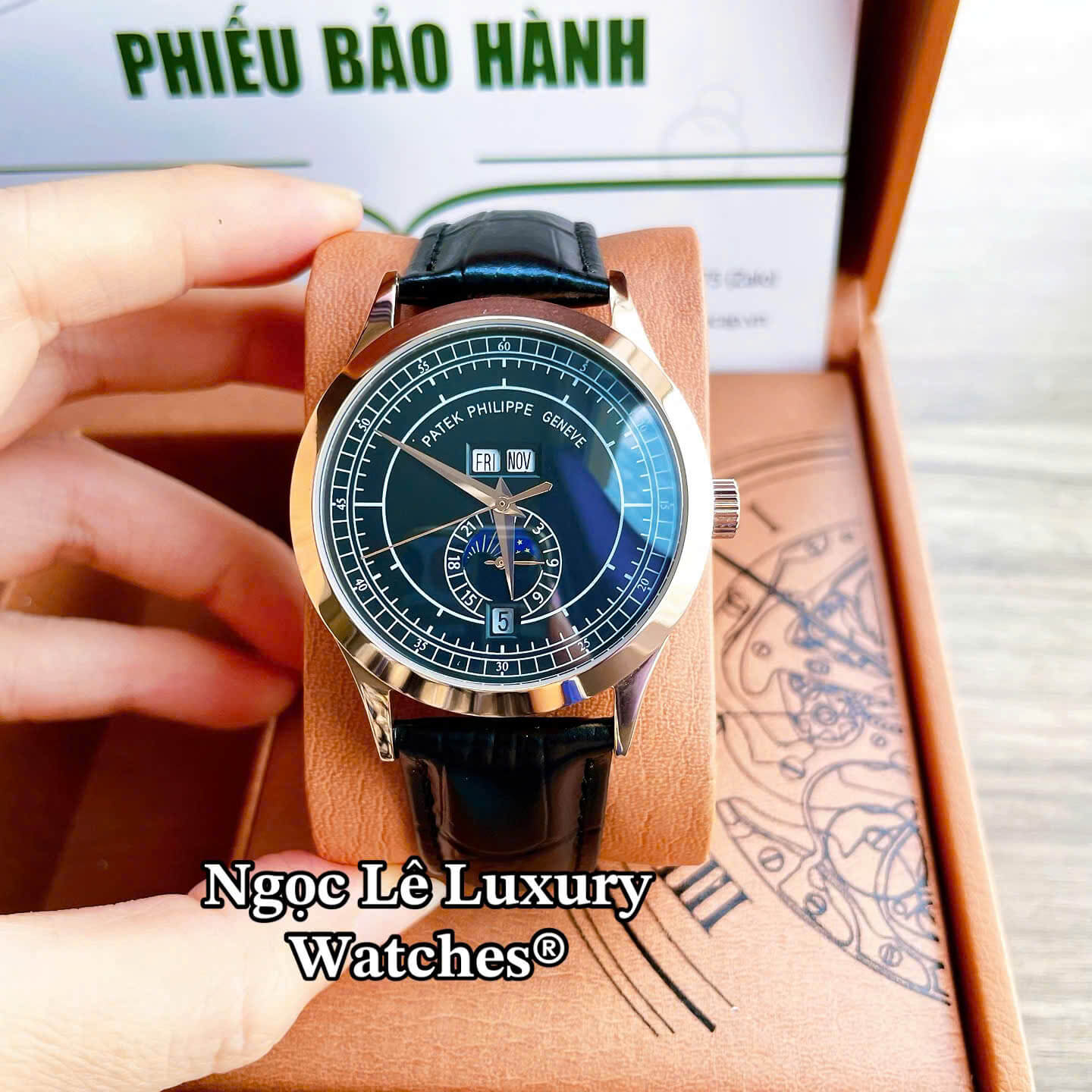 Đồng Hồ Nam Patek Philippe Tự Động Dây Da Đen Mặt Đen Vỏ Rose Size 40mm