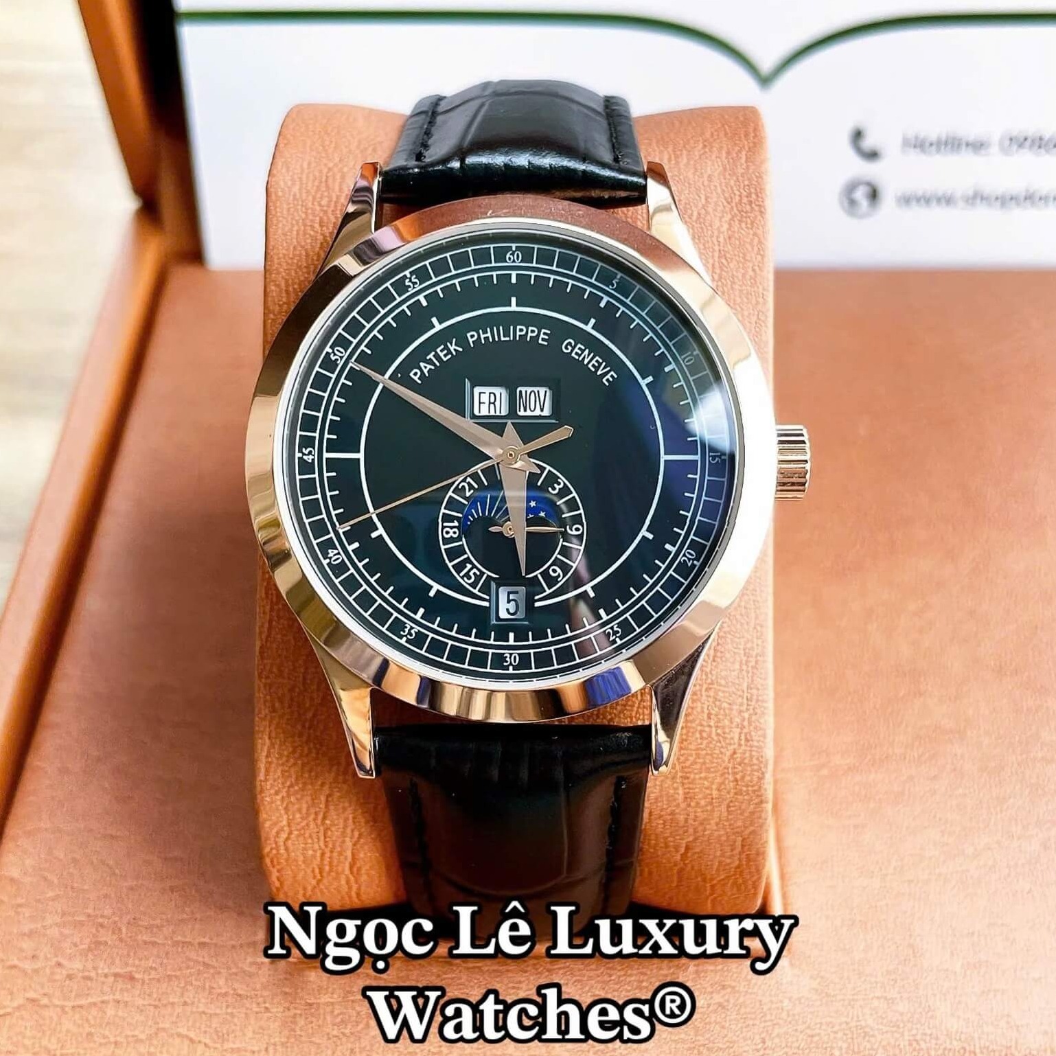 Đồng Hồ Nam Patek Philippe Tự Động Dây Da Đen Mặt Đen Vỏ Rose Size 40mm