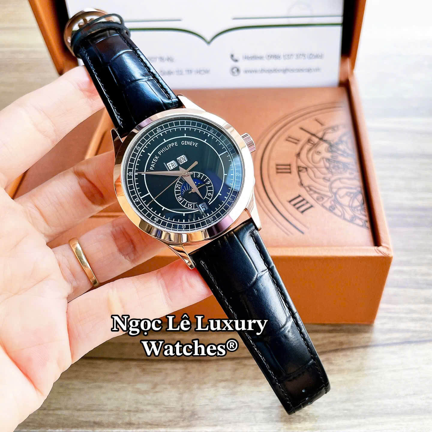 Đồng Hồ Nam Patek Philippe Tự Động Dây Da Đen Mặt Đen Vỏ Rose Size 40mm