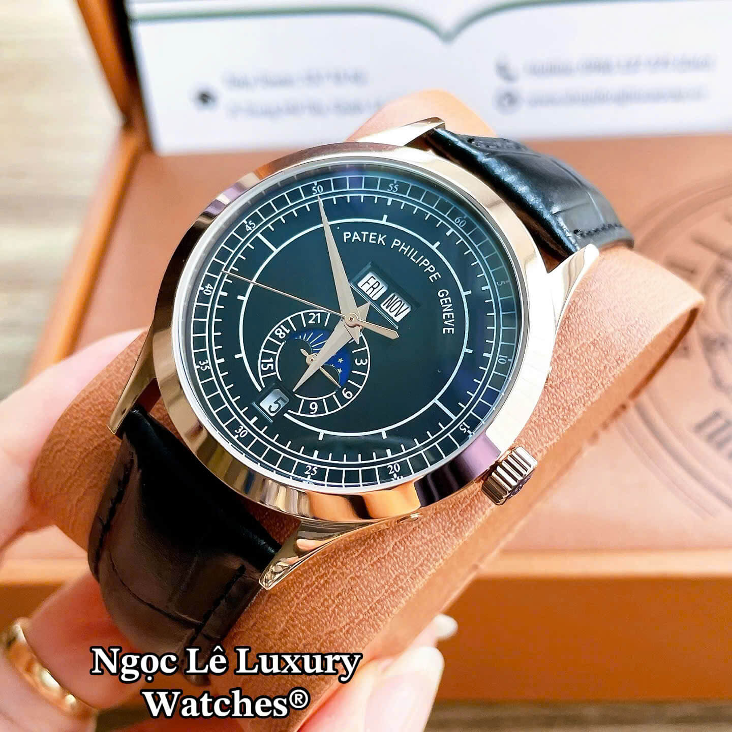Đồng Hồ Nam Patek Philippe Tự Động Dây Da Đen Mặt Đen Vỏ Rose Size 40mm