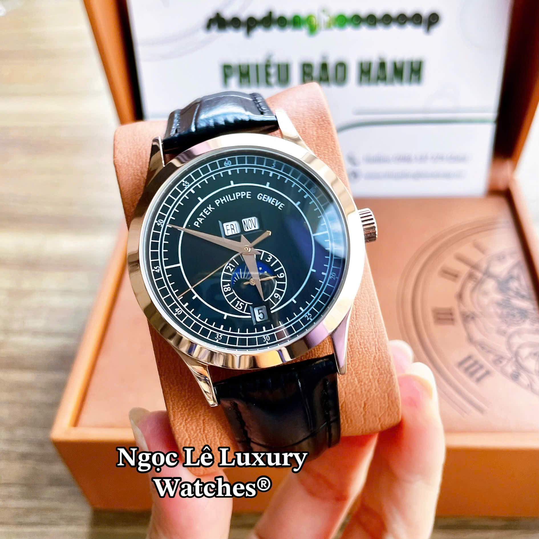 Đồng Hồ Nam Patek Philippe Tự Động Dây Da Đen Mặt Đen Vỏ Rose Size 40mm