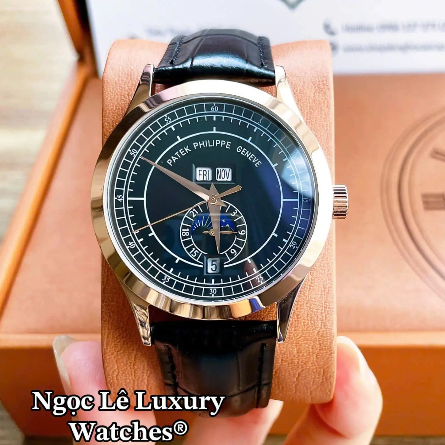 Đồng Hồ Nam Patek Philippe Complications Tự Động Dây Da Đen Mặt Đen Vỏ Rose Size 40mm