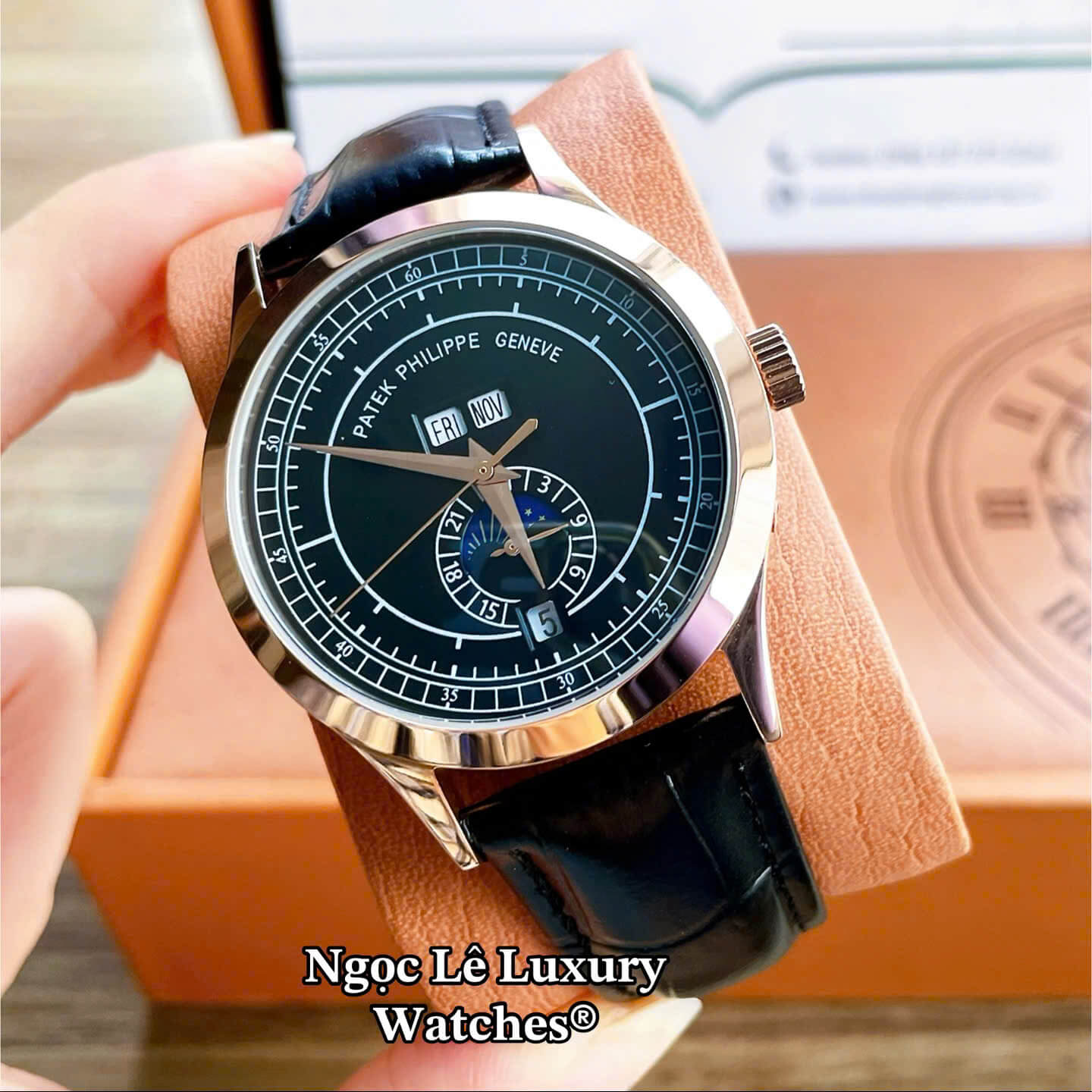 Đồng Hồ Nam Patek Philippe Tự Động Dây Da Đen Mặt Đen Vỏ Rose Size 40mm