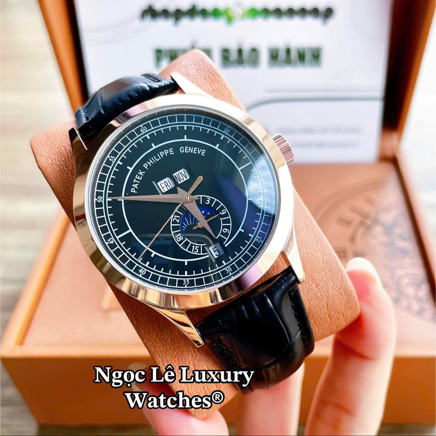 Đồng Hồ Nam Patek Philippe Tự Động Dây Da Đen Mặt Đen Vỏ Rose Size 40mm
