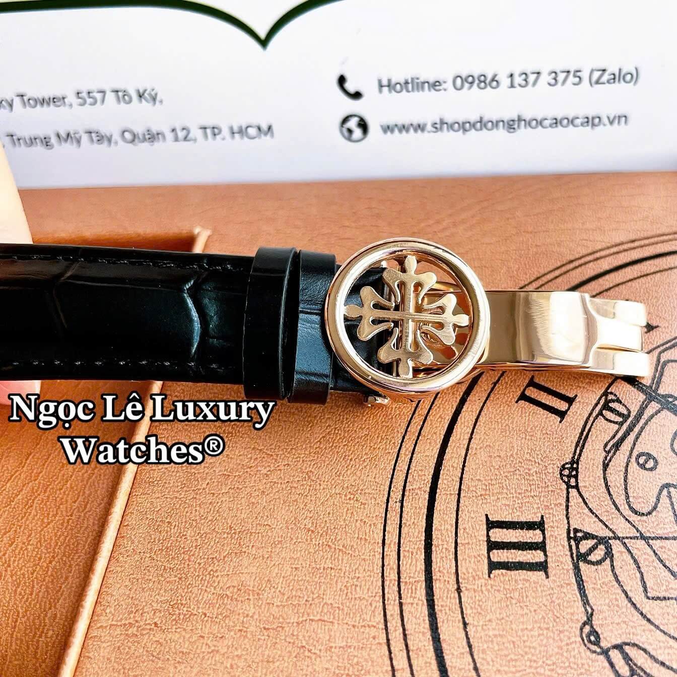 Đồng Hồ Nam Patek Philippe Tự Động Dây Da Đen Mặt Đen Vỏ Rose Size 40mm
