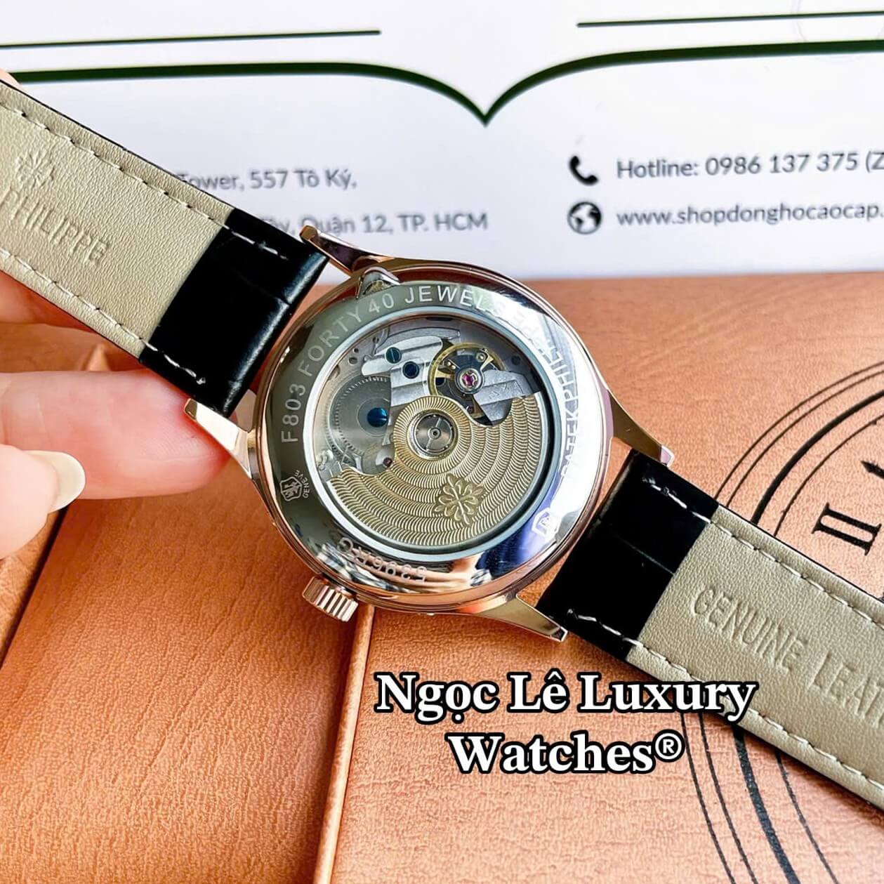 Đồng Hồ Nam Patek Philippe Tự Động Dây Da Đen Mặt Đen Vỏ Rose Size 40mm