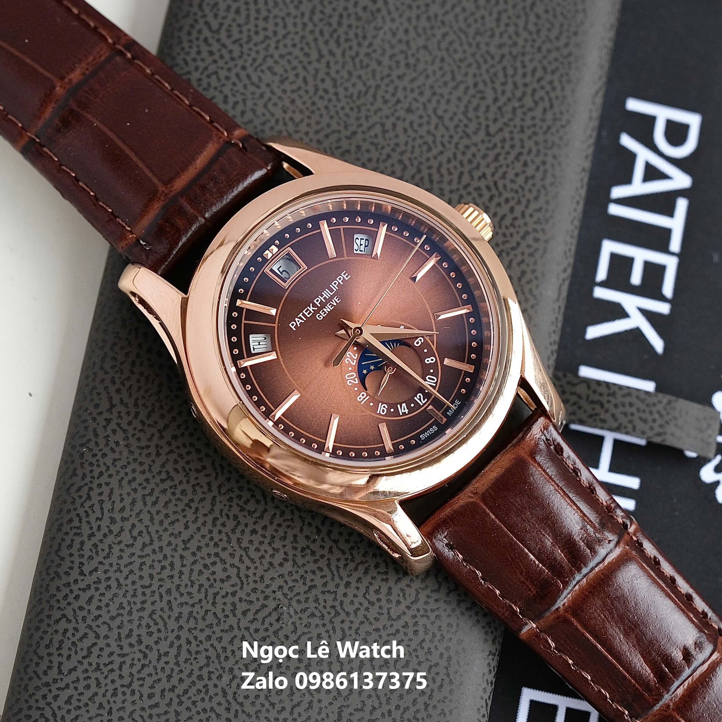 Đồng Hồ Nam Patek Philippe Tự Động Dây Da Nâu Mặt Nâu Size 40mm - Vỏ Rose Gold