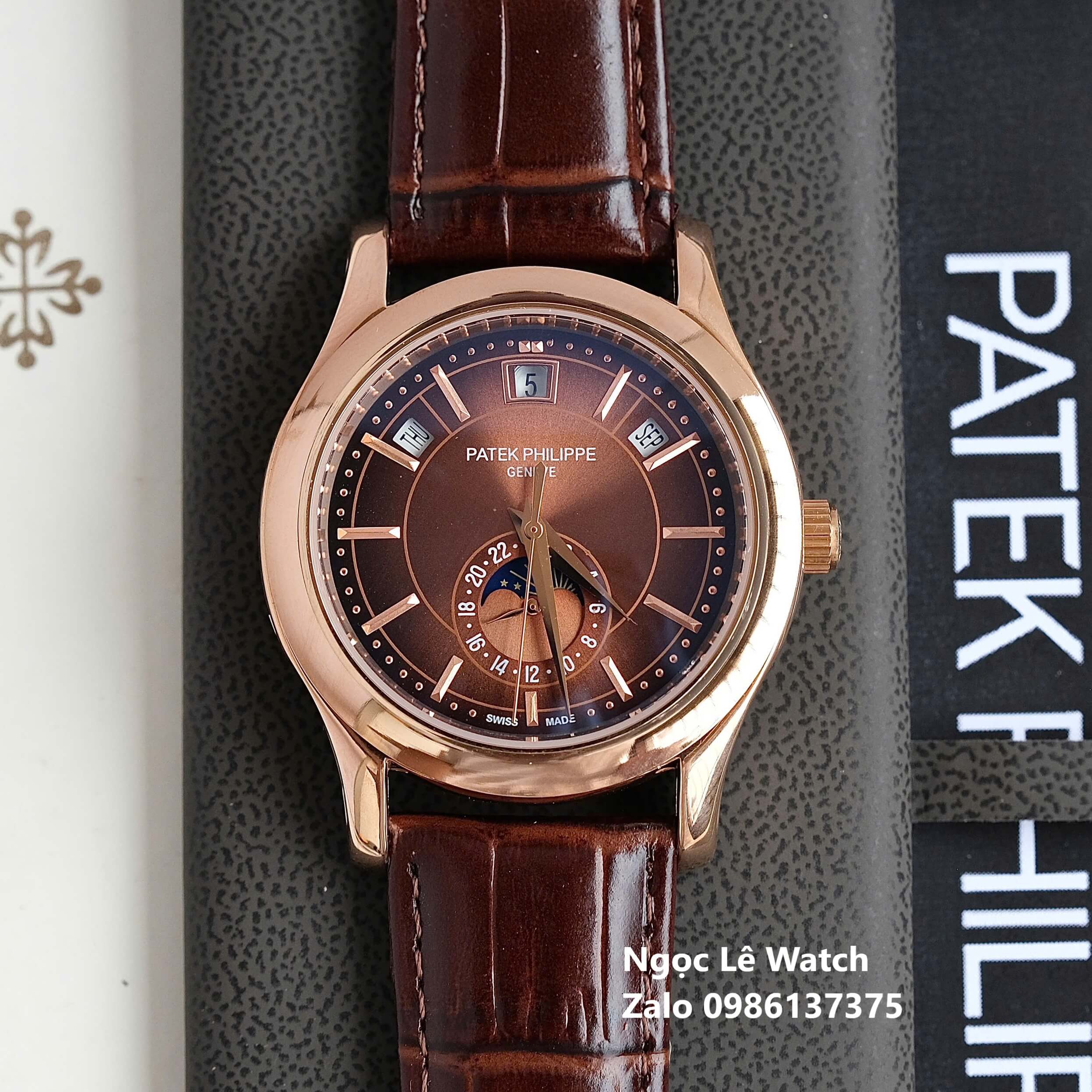 Đồng Hồ Nam Patek Philippe Tự Động Dây Da Nâu Mặt Nâu Size 40mm - Vỏ Rose Gold