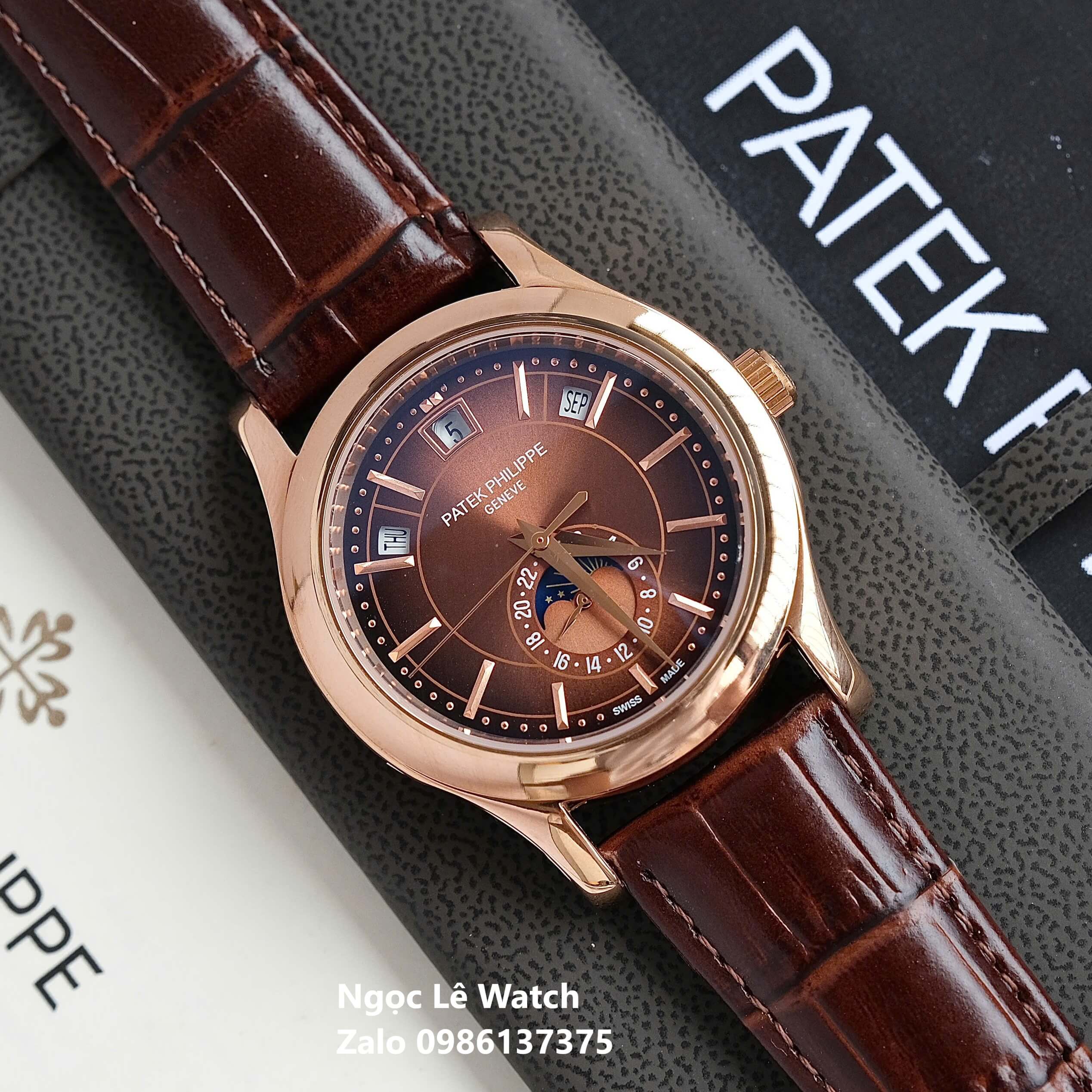 Đồng Hồ Nam Patek Philippe Tự Động Dây Da Nâu Mặt Nâu Size 40mm - Vỏ Rose Gold