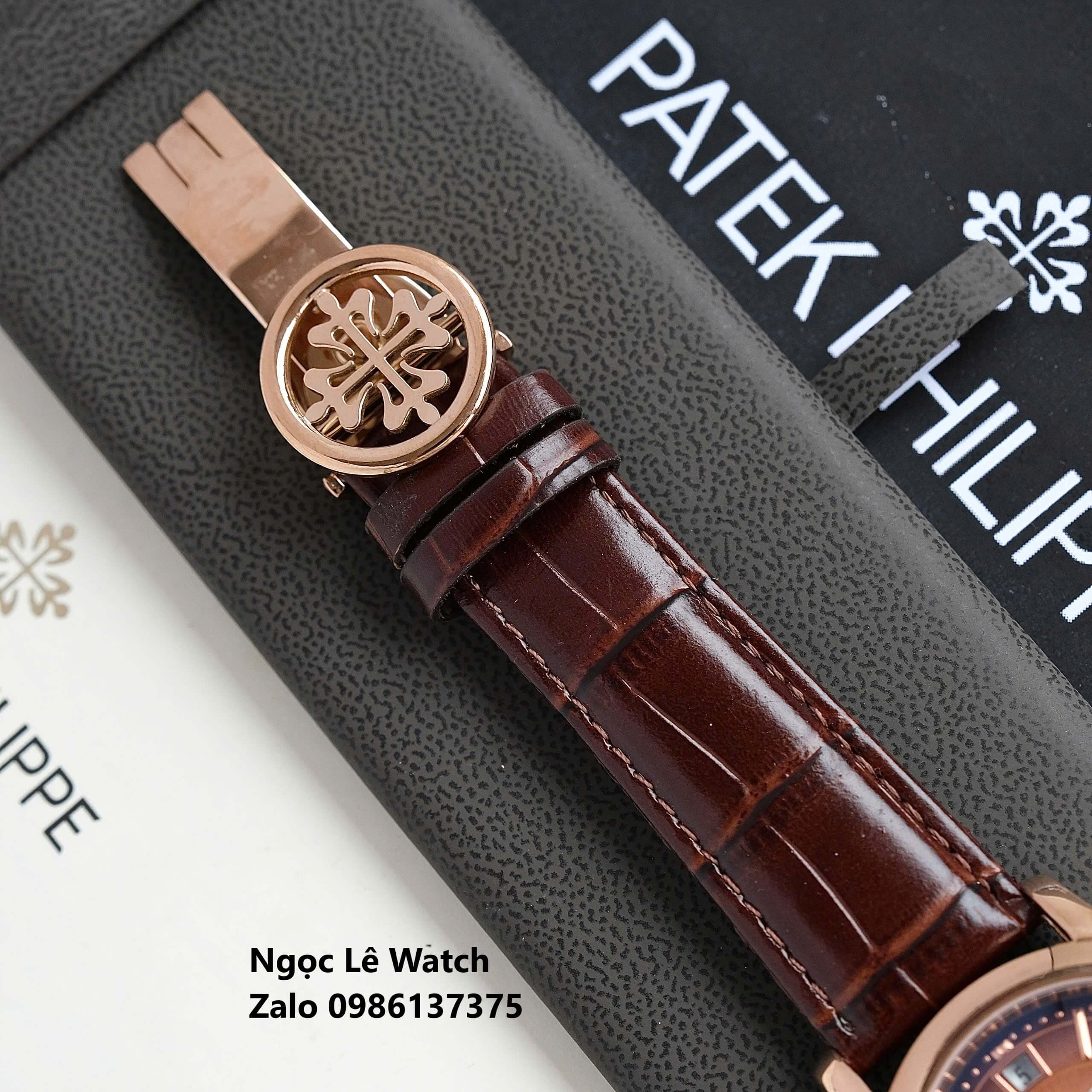 Đồng Hồ Nam Patek Philippe Tự Động Dây Da Nâu Mặt Nâu Size 40mm - Vỏ Rose Gold