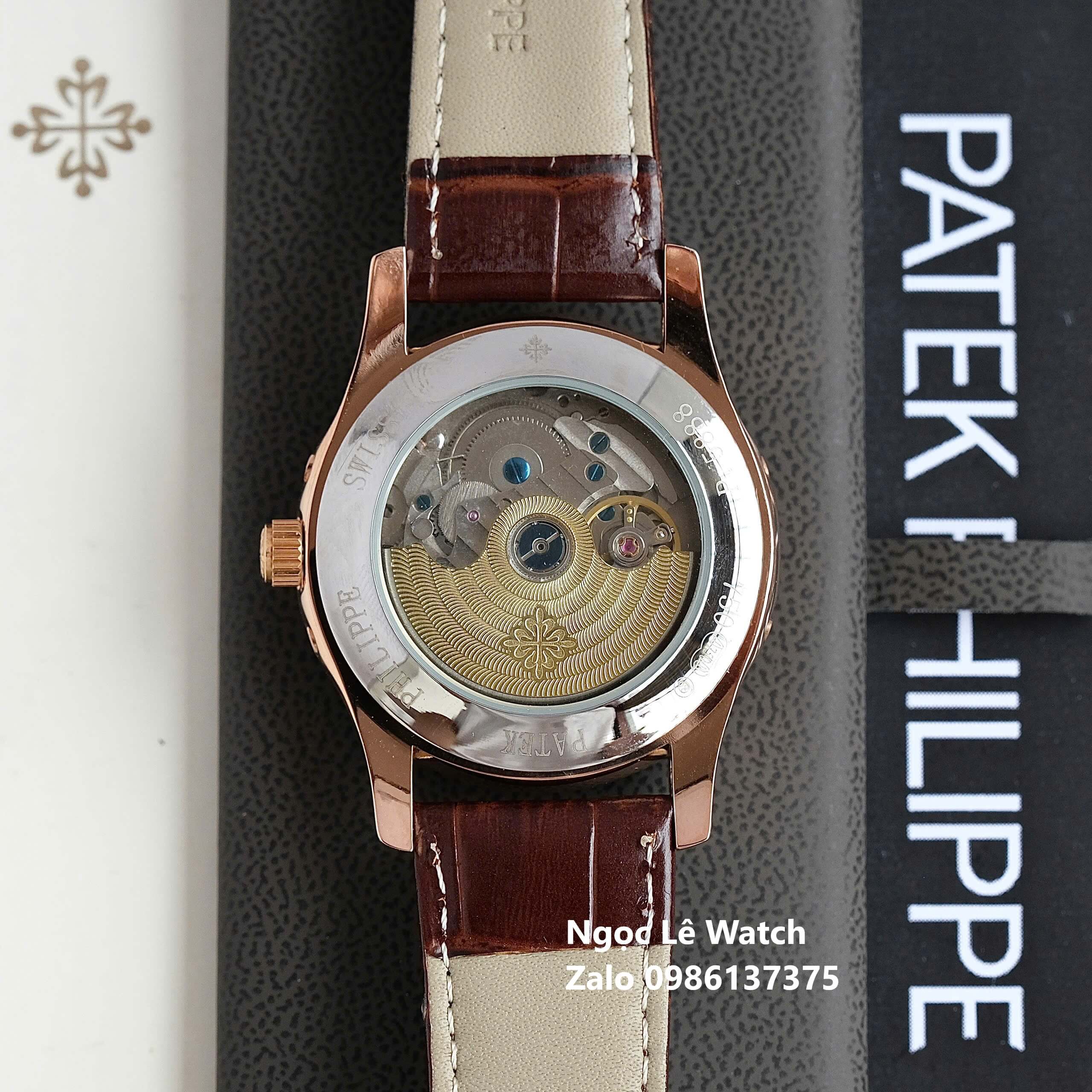 Đồng Hồ Nam Patek Philippe Tự Động Dây Da Nâu Mặt Nâu Size 40mm - Vỏ Rose Gold