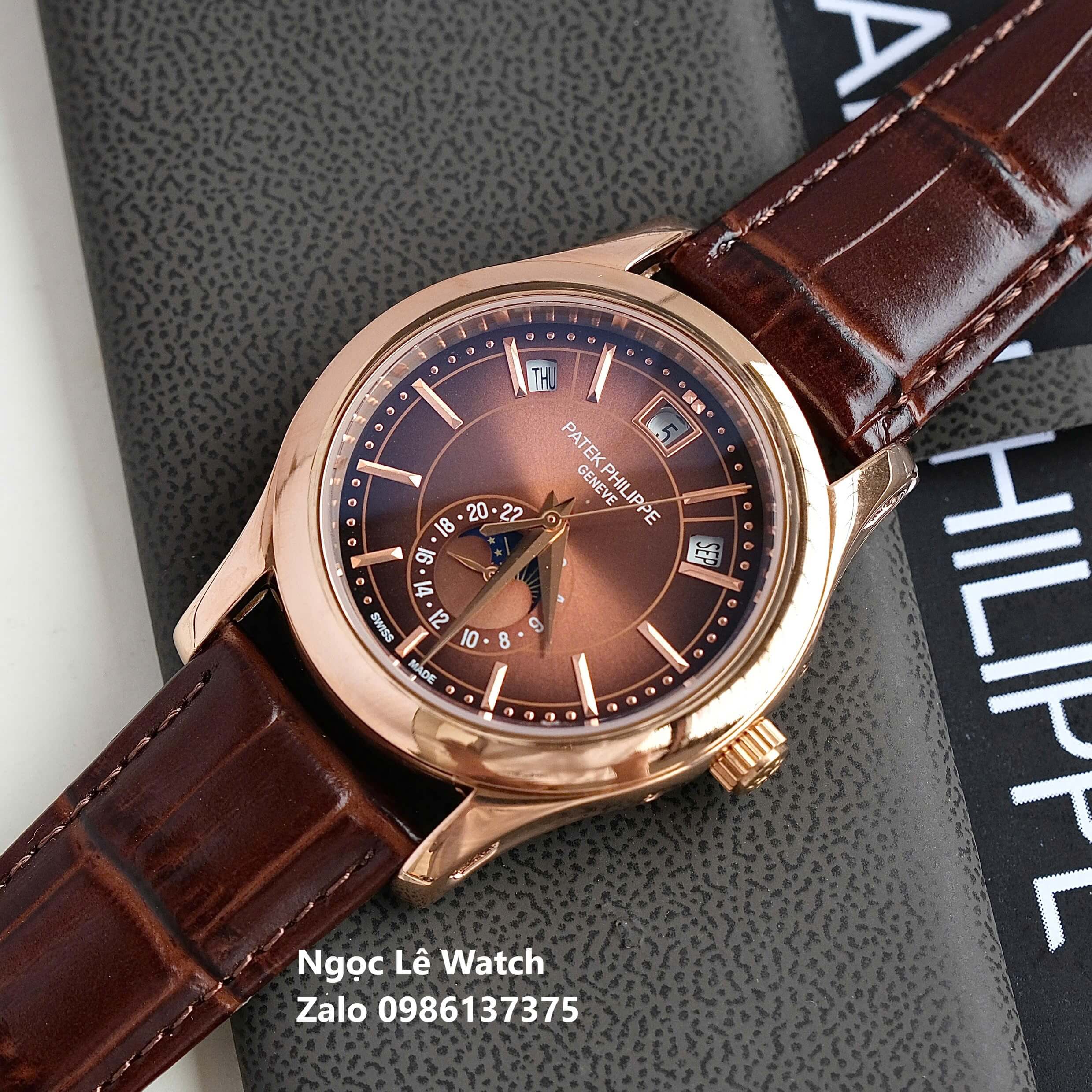 Đồng Hồ Nam Patek Philippe Tự Động Dây Da Nâu Mặt Nâu Size 40mm - Vỏ Rose Gold