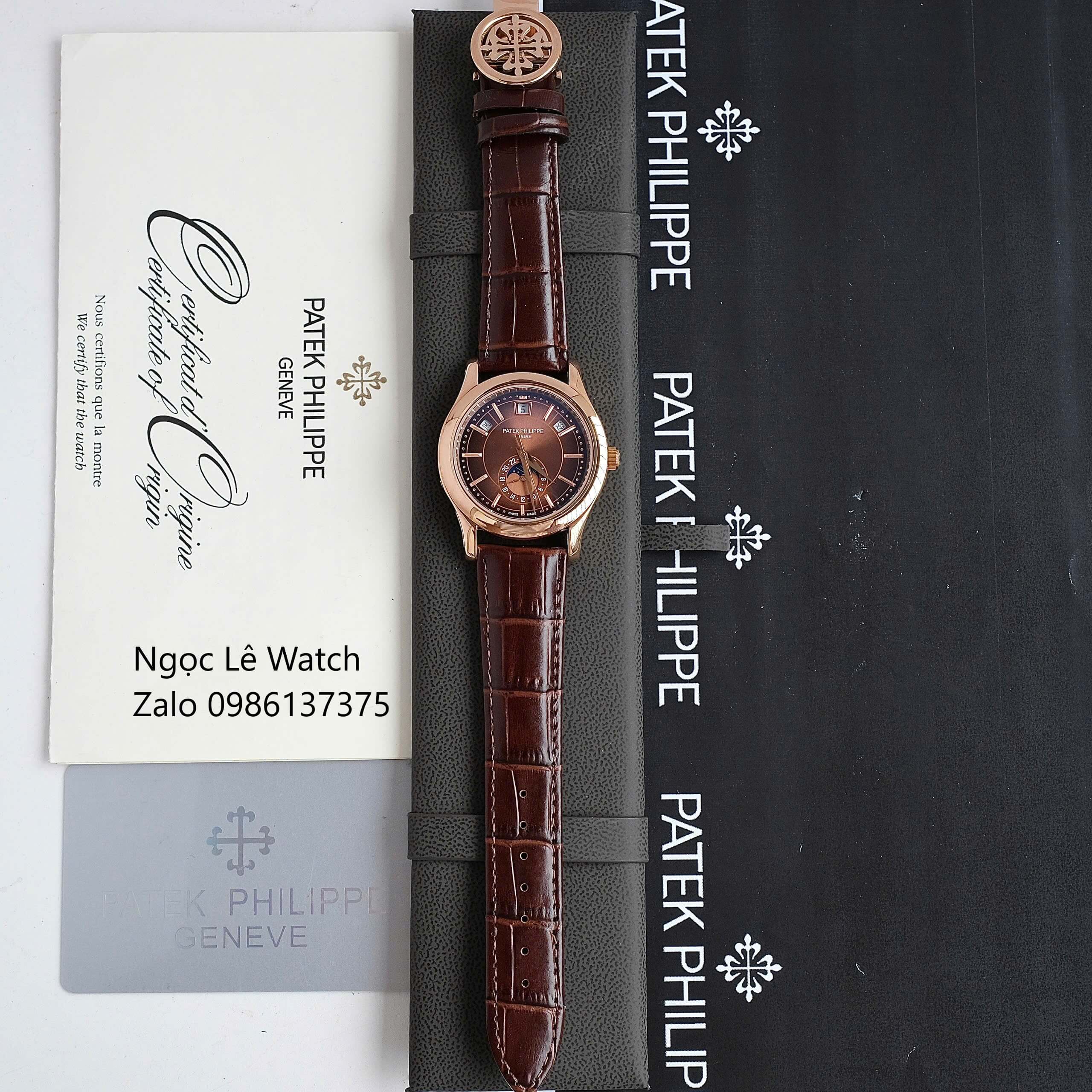 Đồng Hồ Nam Patek Philippe Tự Động Dây Da Nâu Mặt Nâu Size 40mm - Vỏ Rose Gold