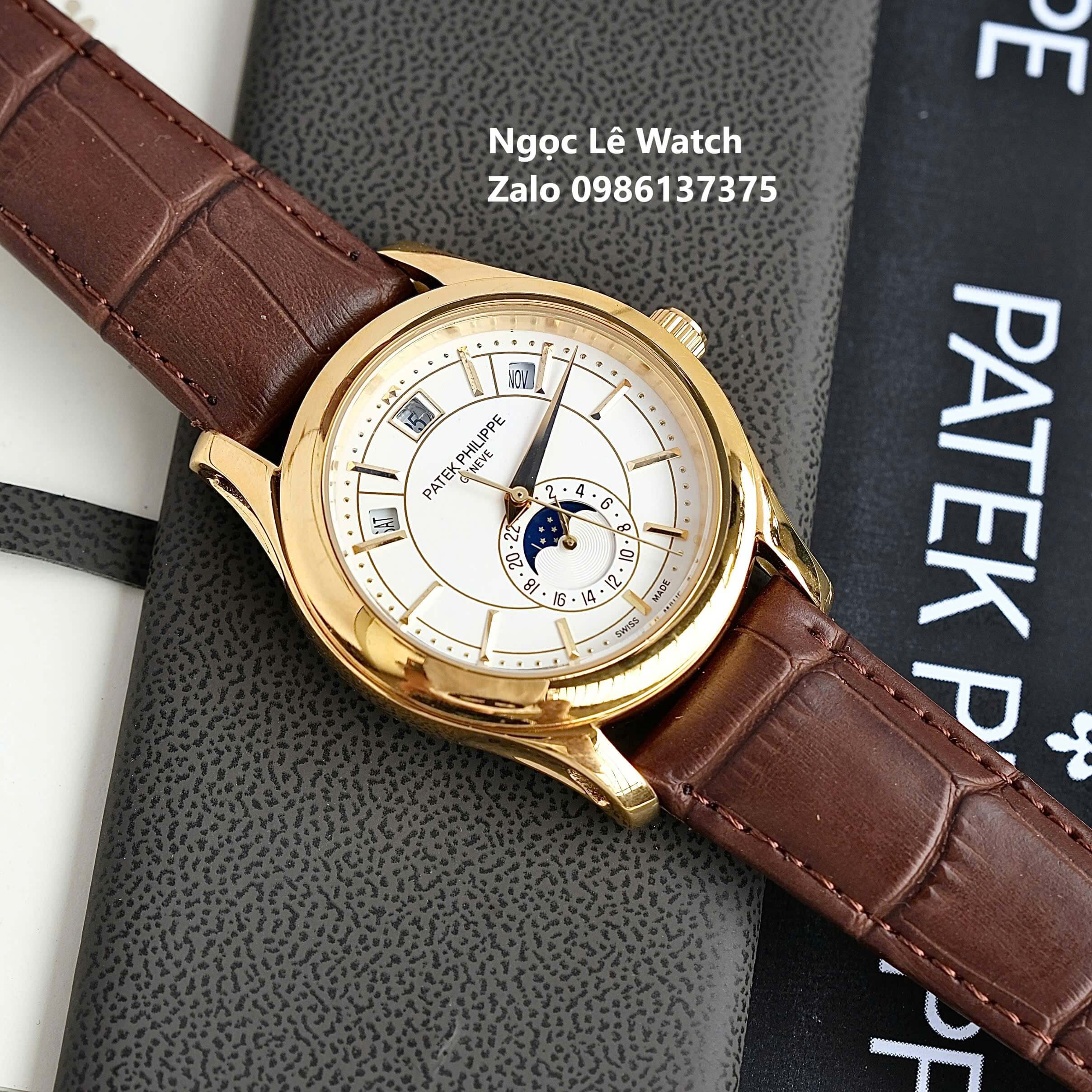 Đồng Hồ Nam Patek Philippe Tự Động Dây Da Nâu Mặt Trắng Size 40mm - Vỏ Gold