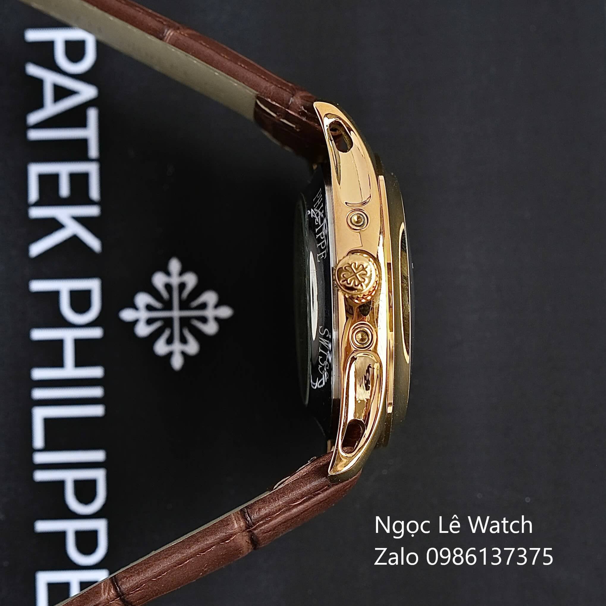 Đồng Hồ Nam Patek Philippe Tự Động Dây Da Nâu Mặt Trắng Size 40mm - Vỏ Gold