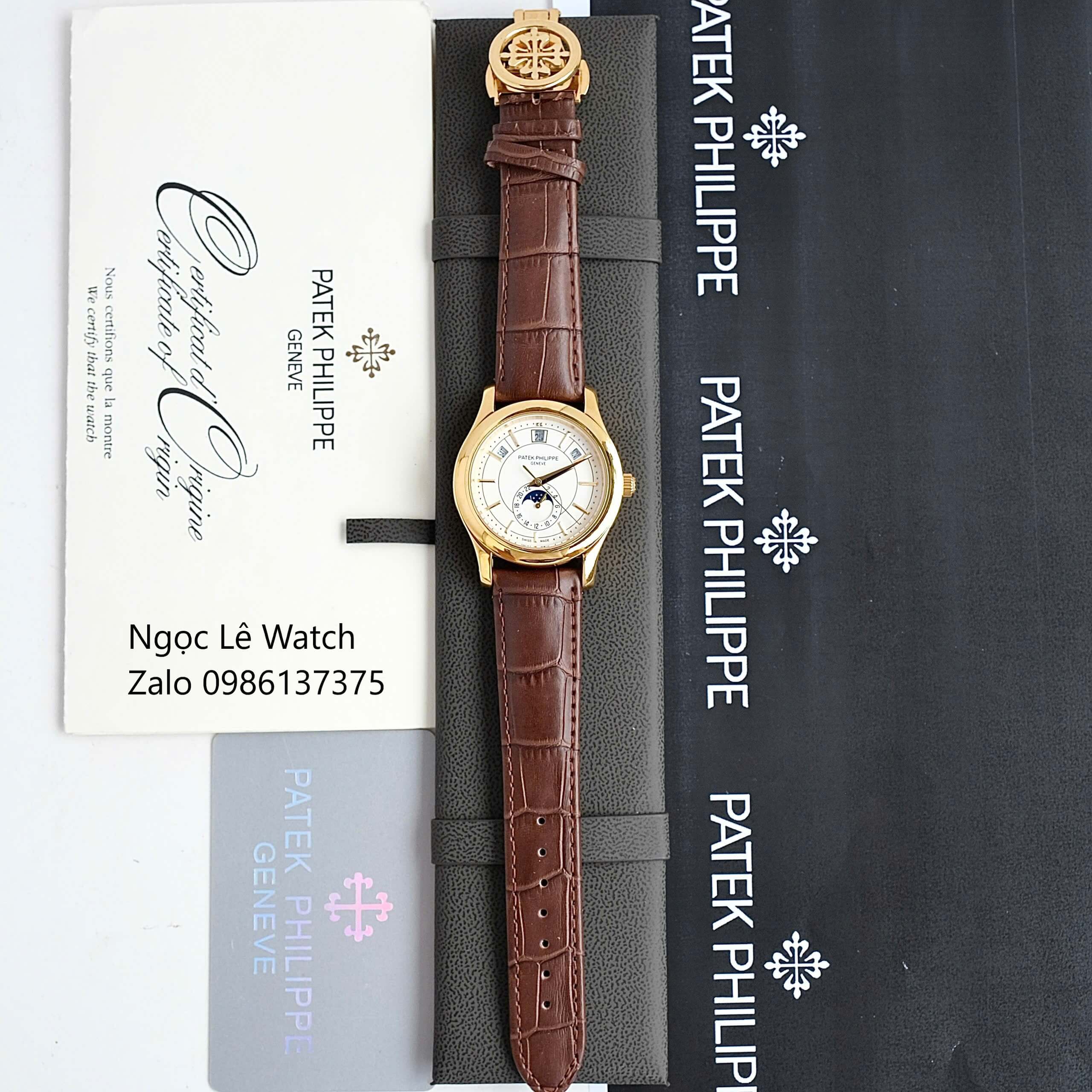 Đồng Hồ Nam Patek Philippe Tự Động Dây Da Nâu Mặt Trắng Size 40mm - Vỏ Gold