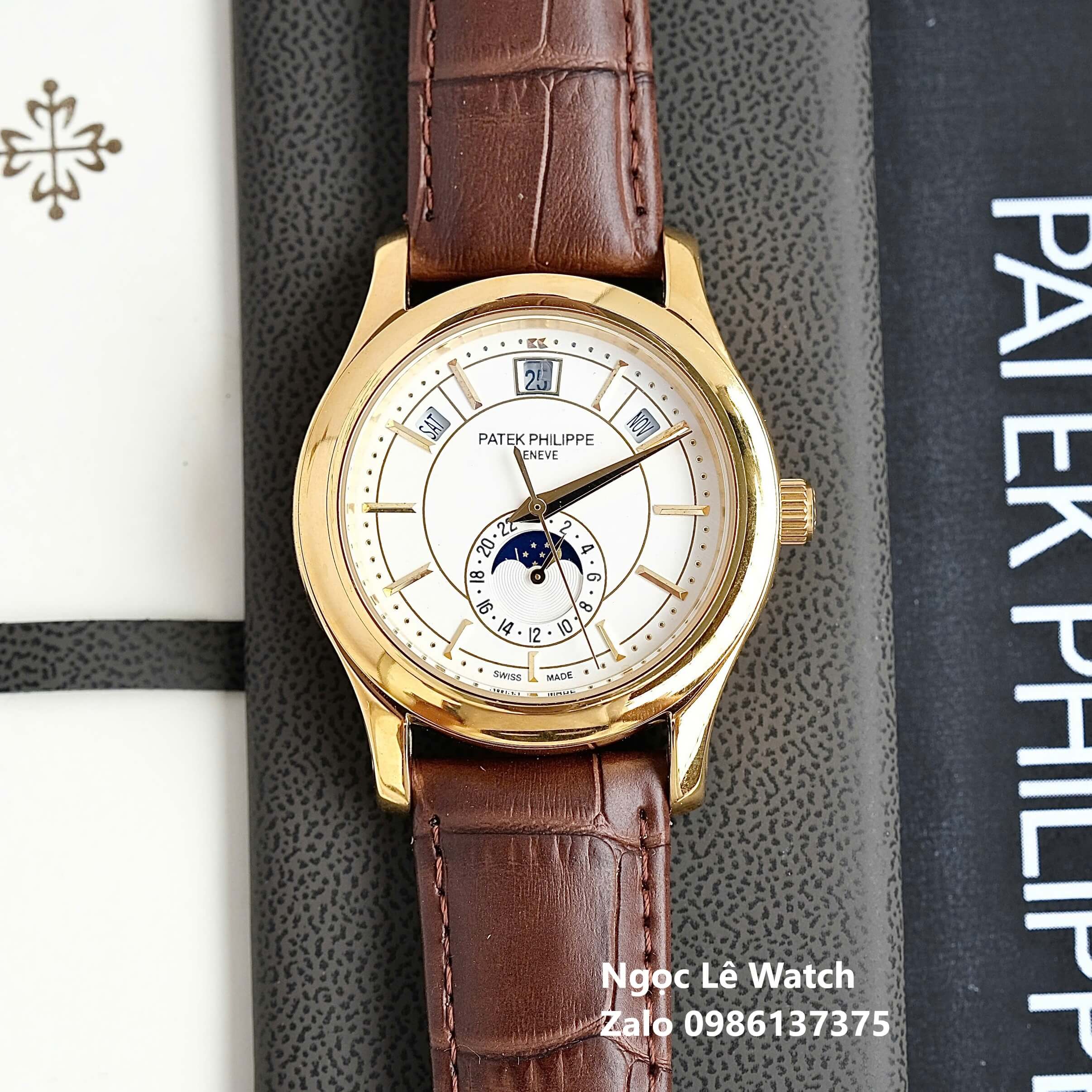 Đồng Hồ Nam Patek Philippe Tự Động Dây Da Nâu Mặt Trắng Size 40mm - Vỏ Gold