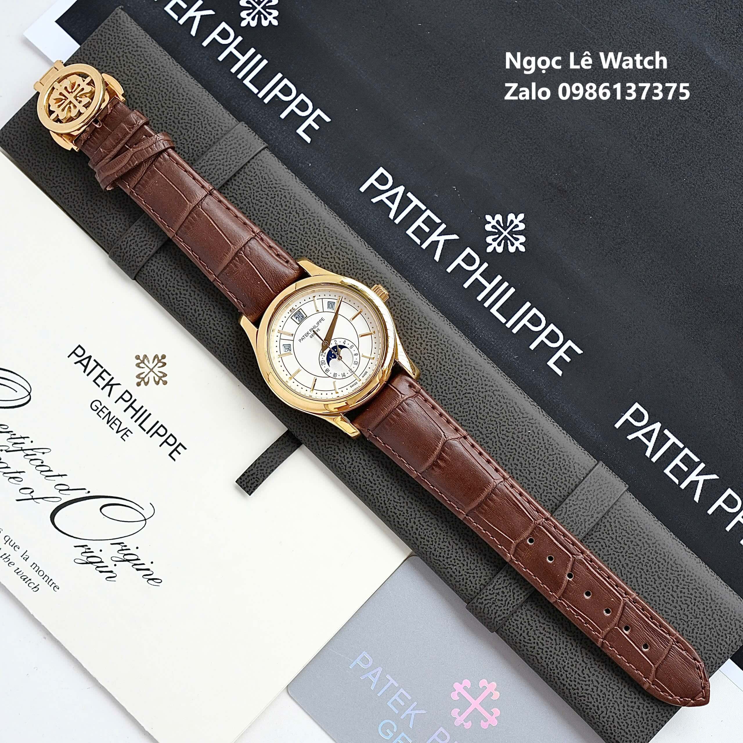 Đồng Hồ Nam Patek Philippe Tự Động Dây Da Nâu Mặt Trắng Size 40mm - Vỏ Gold