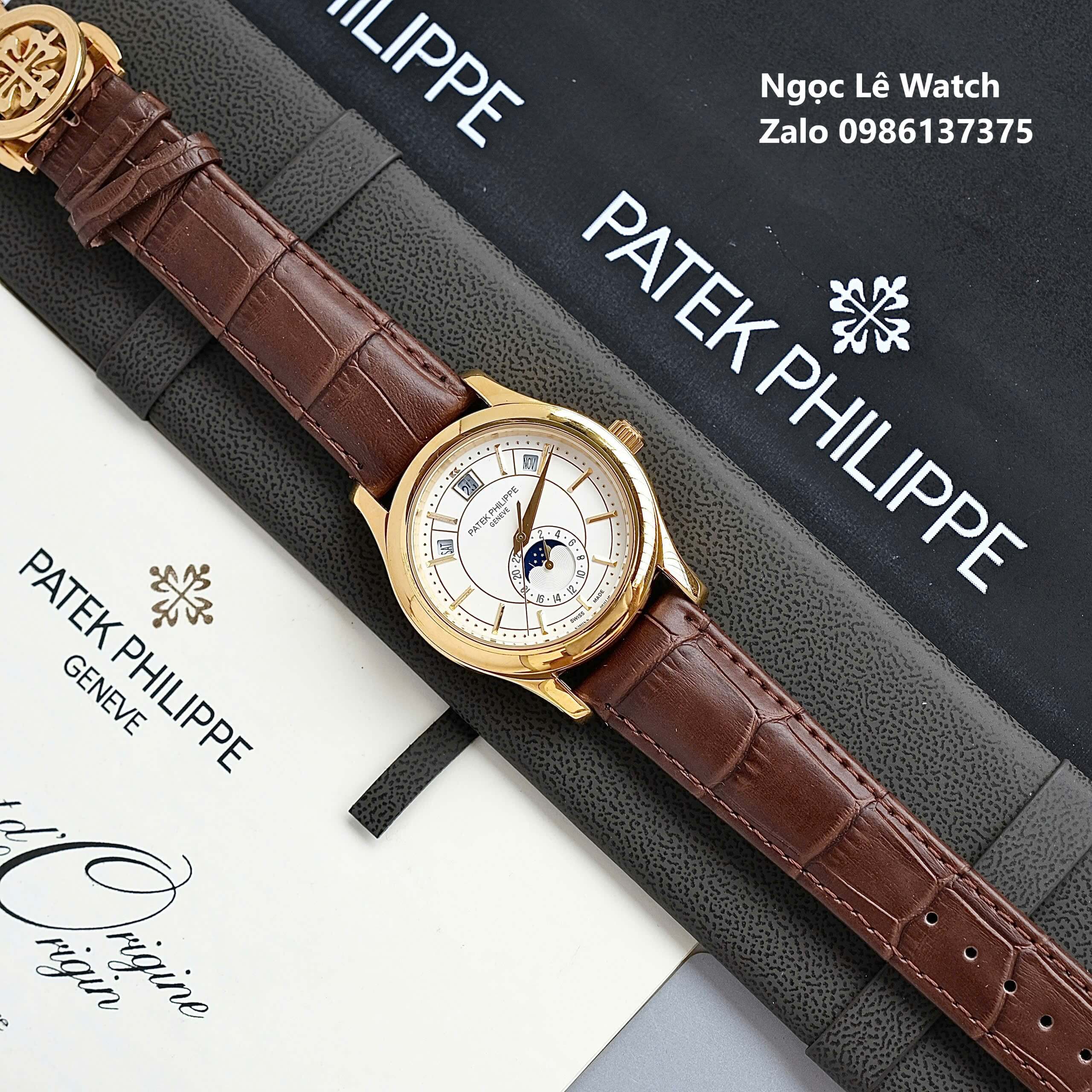 Đồng Hồ Nam Patek Philippe Tự Động Dây Da Nâu Mặt Trắng Size 40mm - Vỏ Gold