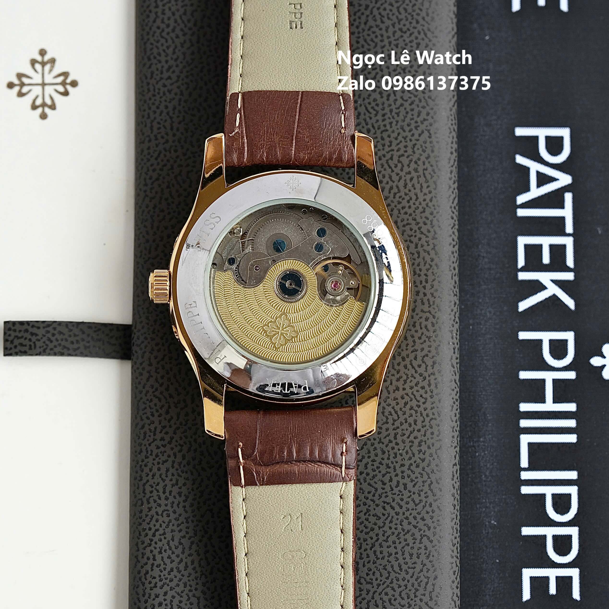 Đồng Hồ Nam Patek Philippe Tự Động Dây Da Nâu Mặt Trắng Size 40mm - Vỏ Gold