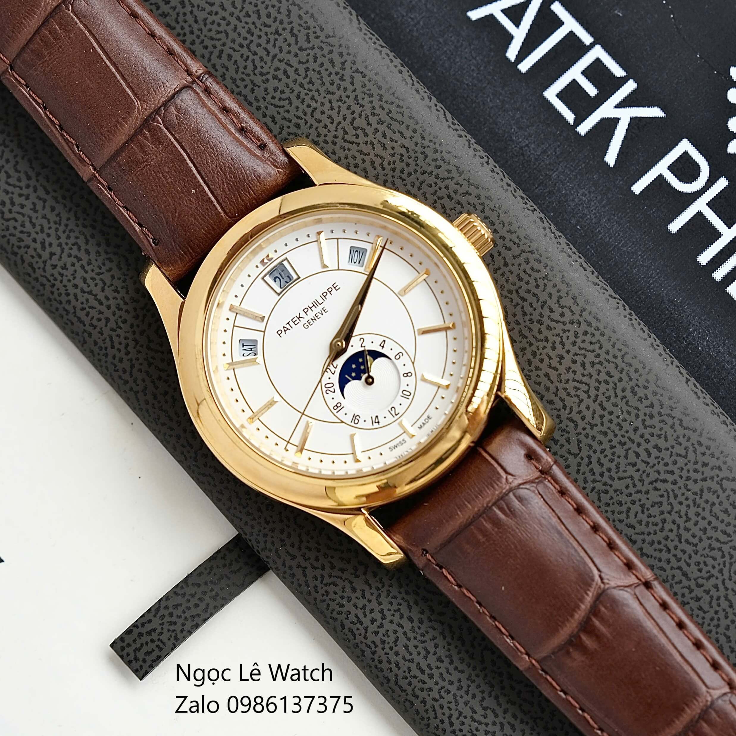 Đồng Hồ Nam Patek Philippe Tự Động Dây Da Nâu Mặt Trắng Size 40mm - Vỏ Gold