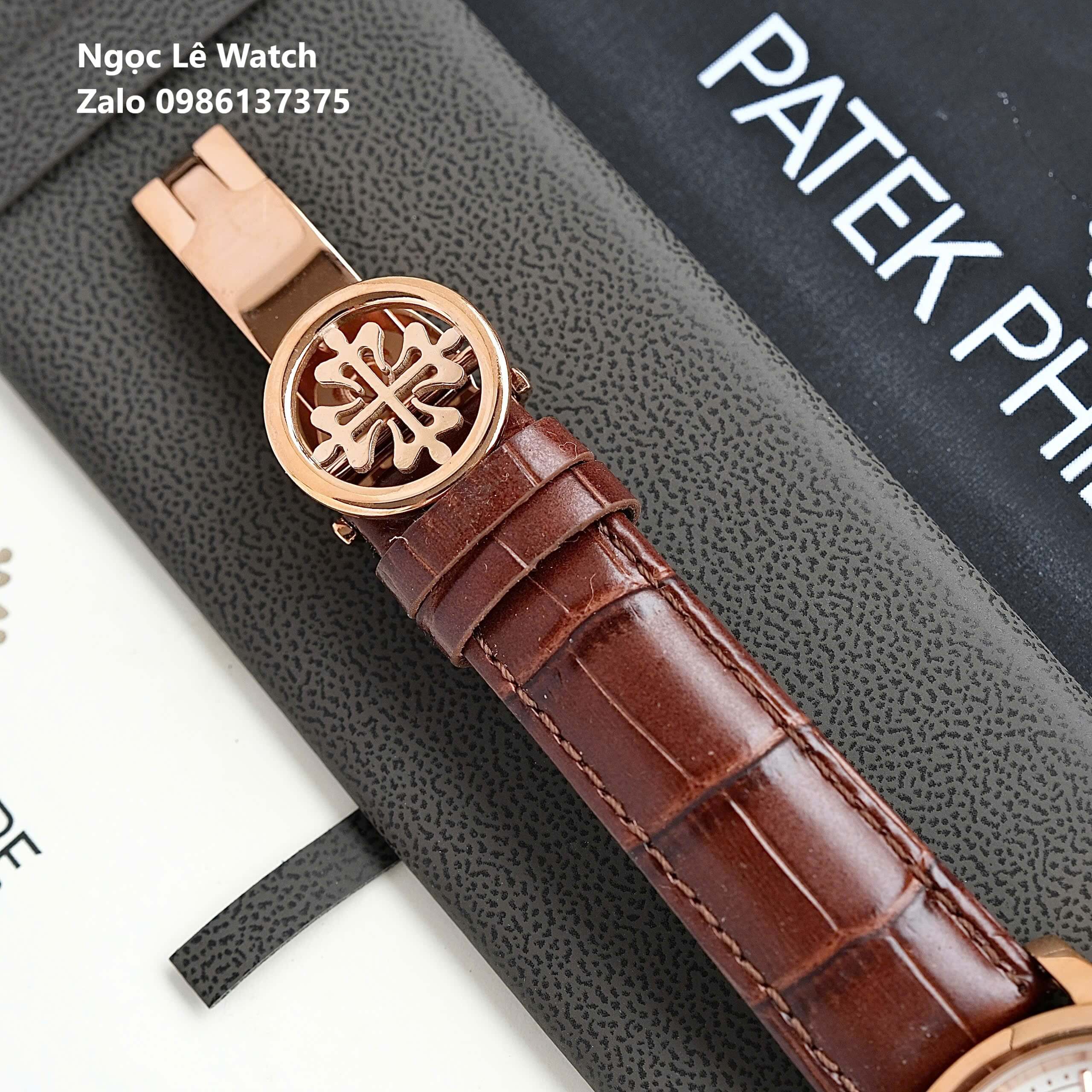 Đồng Hồ Nam Patek Philippe Tự Động Dây Da Nâu Mặt Trắng Size 40mm - Vỏ Rose Gold
