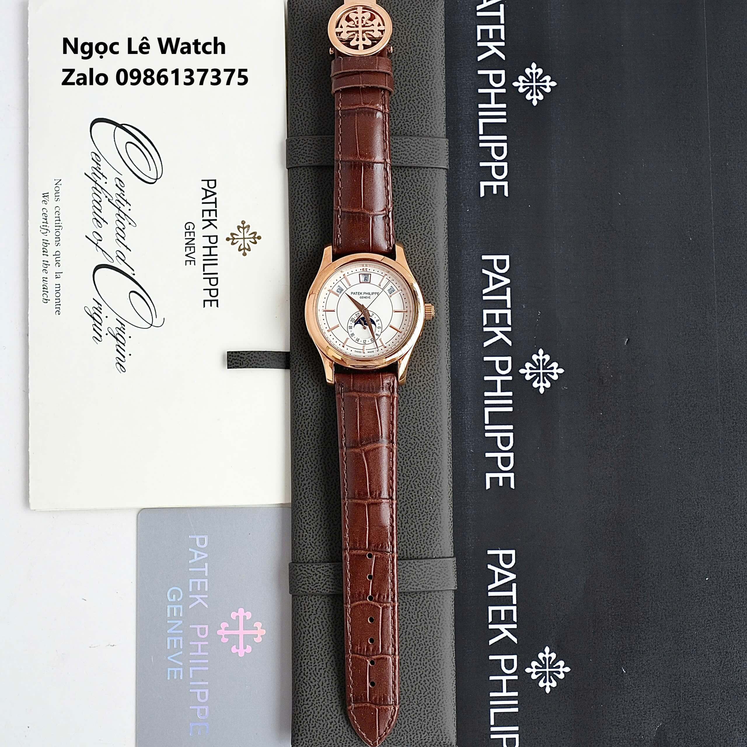 Đồng Hồ Nam Patek Philippe Tự Động Dây Da Nâu Mặt Trắng Size 40mm - Vỏ Rose Gold