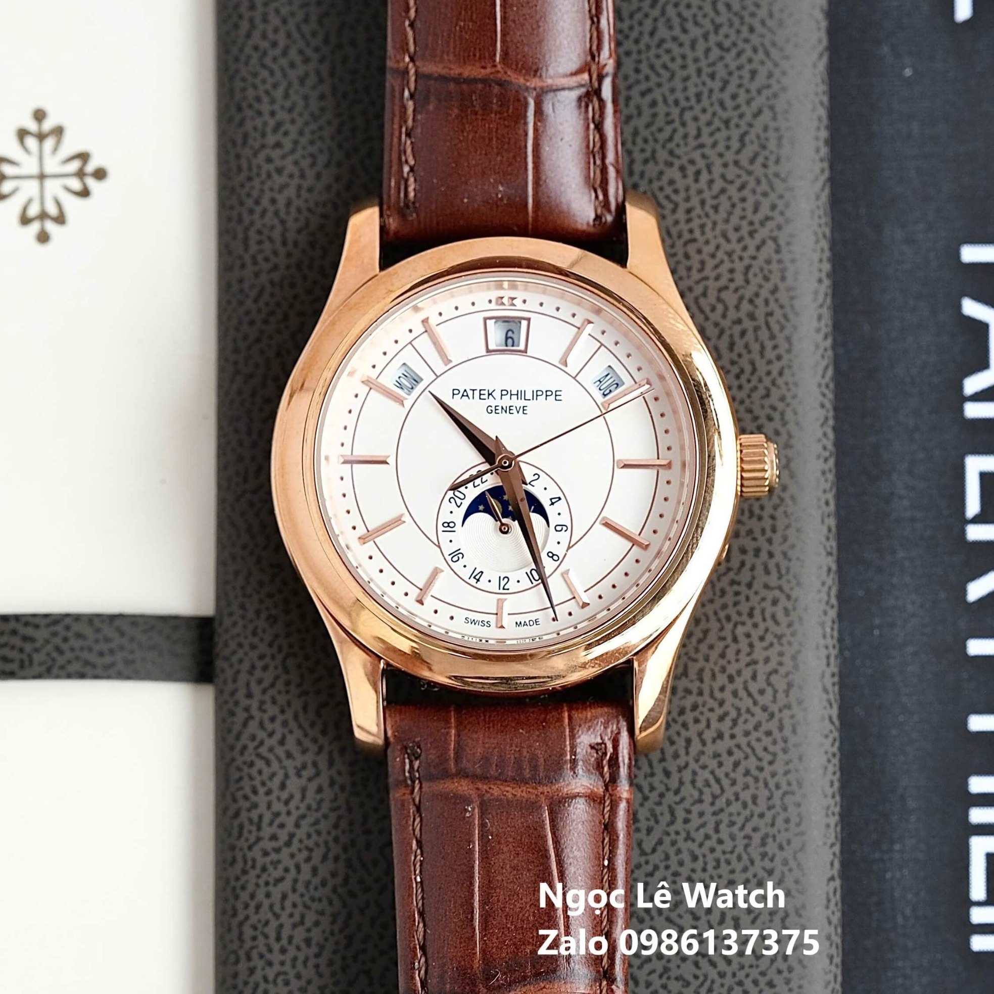 Đồng Hồ Nam Patek Philippe Tự Động Dây Da Nâu Mặt Trắng Size 40mm - Vỏ Rose Gold