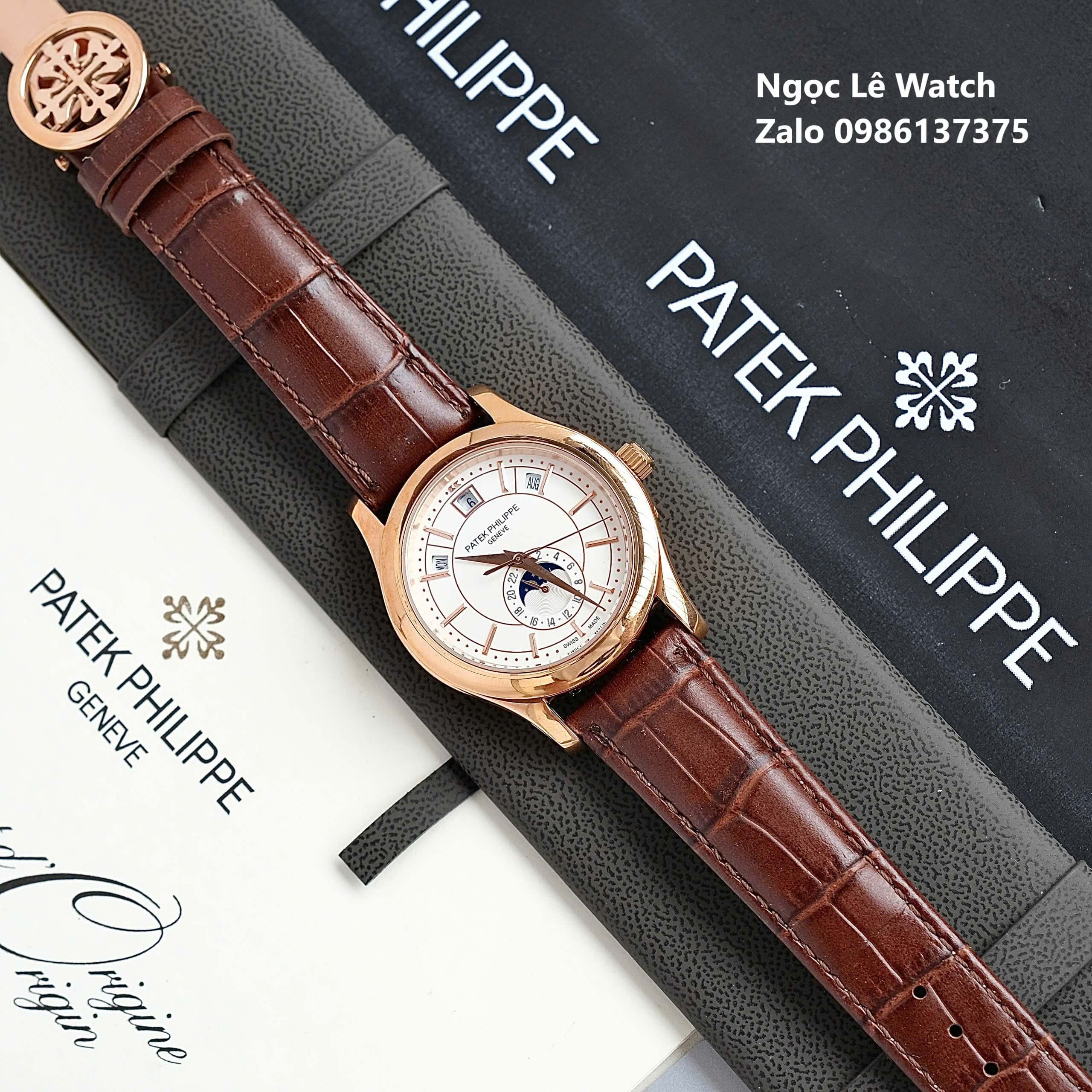 Đồng Hồ Nam Patek Philippe Tự Động Dây Da Nâu Mặt Trắng Size 40mm - Vỏ Rose Gold
